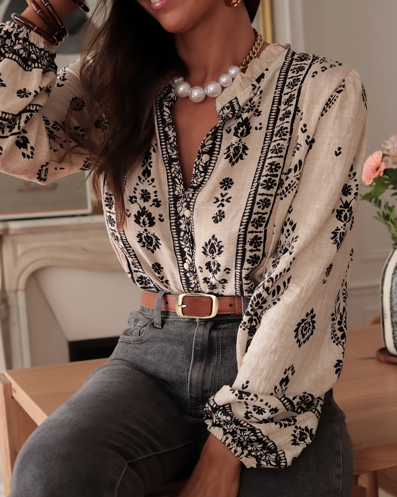 Zuleika – Bohemian Floral Blouse with Lantern Sleeves - Blouses - Boho Style
