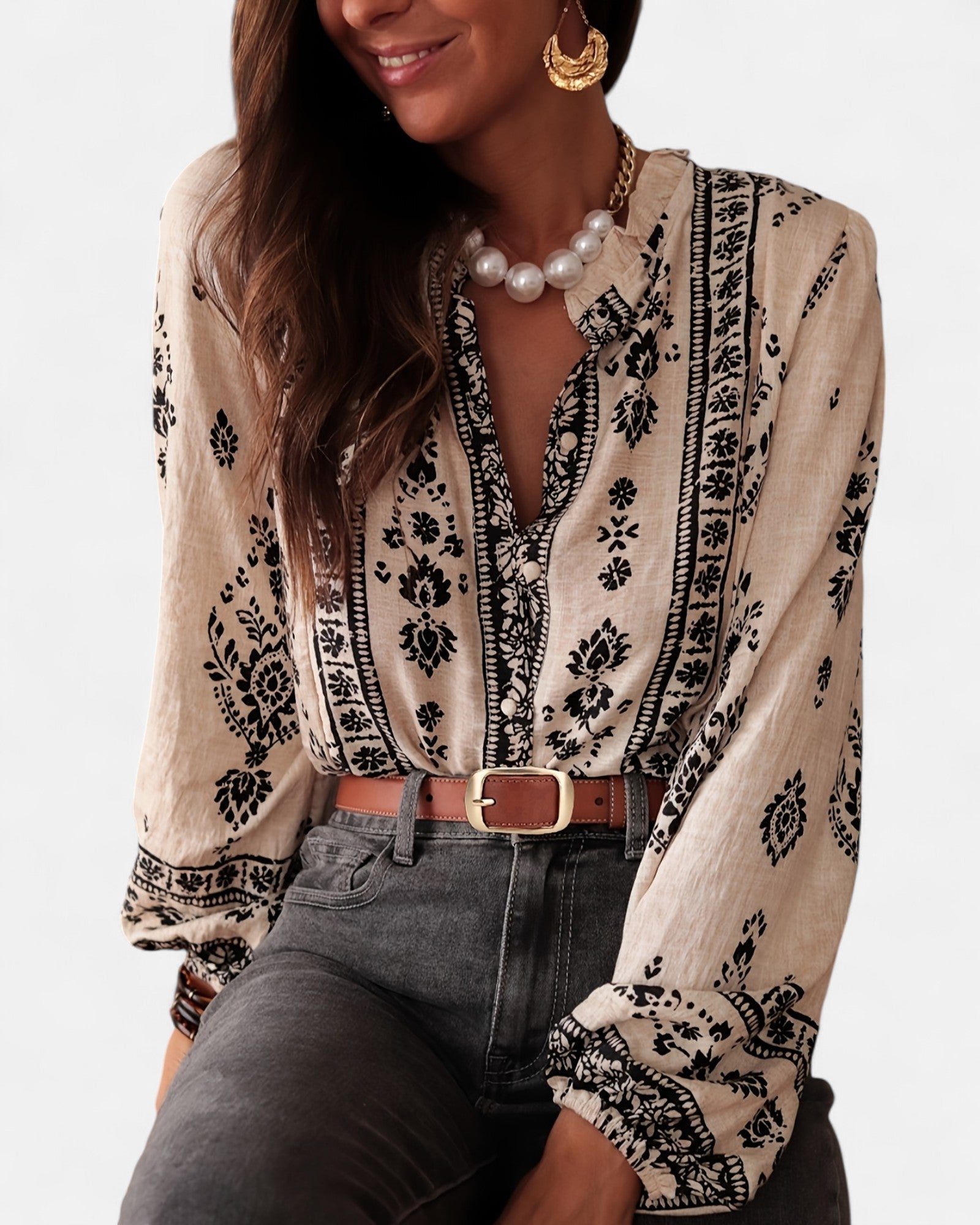 Zuleika – Bohemian Floral Blouse with Lantern Sleeves - Blouses - Boho Style