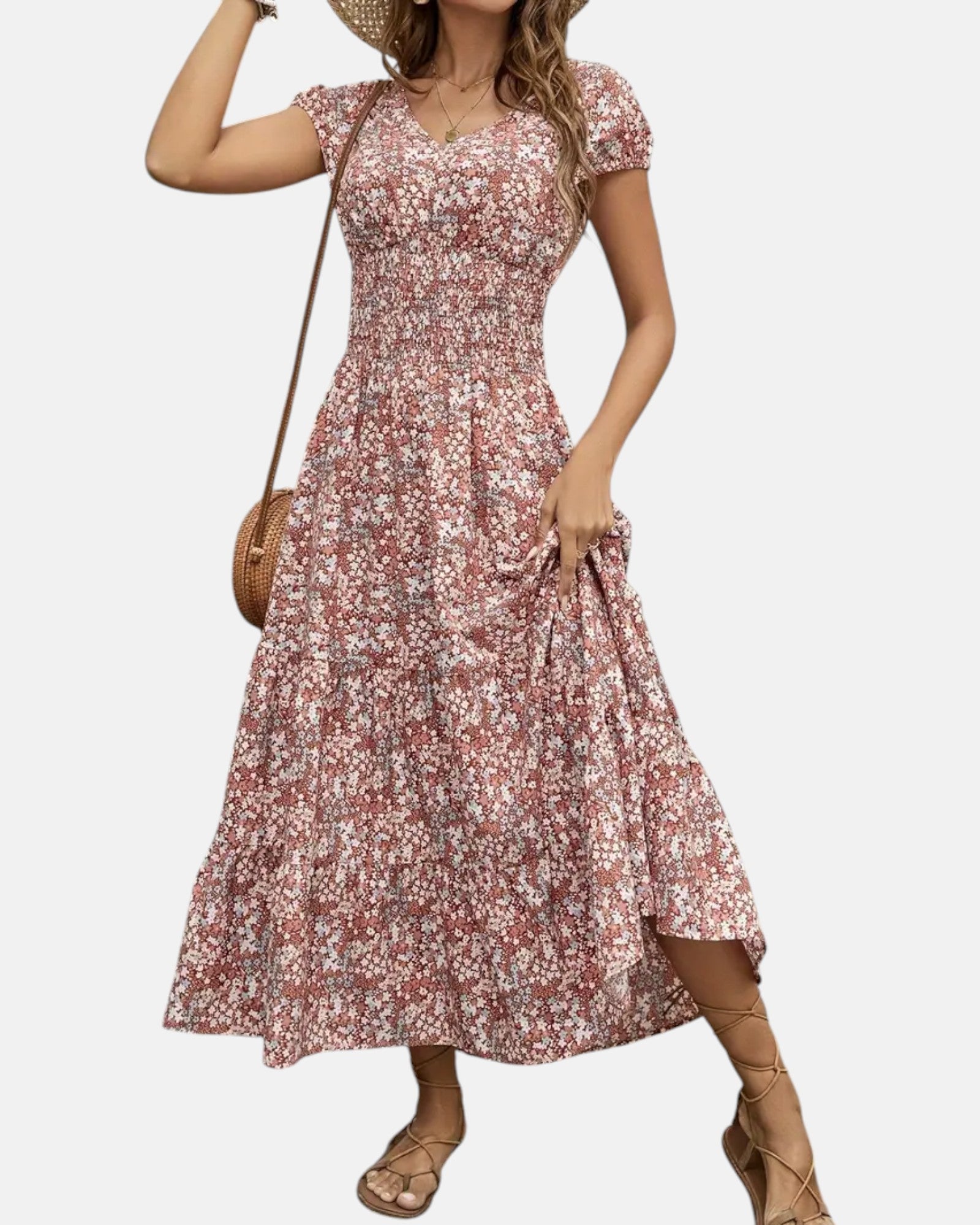 Hannah – Effortless Boho Floral V-Neck Dress in Soft Polyester