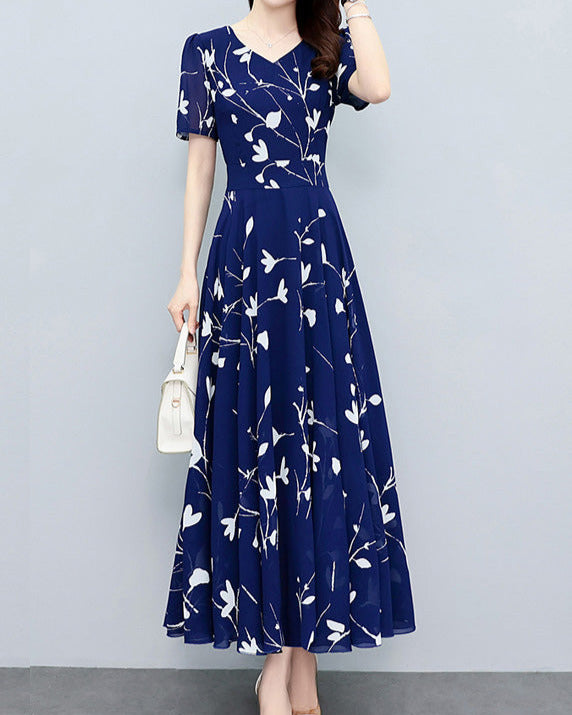 Alice – Boho Navy V Neck Chiffon Maxi Dress for Summer