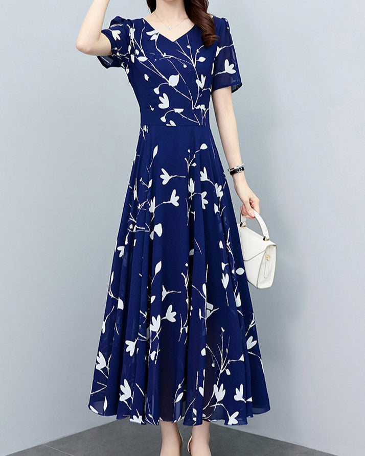 Alice – Boho Navy V Neck Chiffon Maxi Dress for Summer