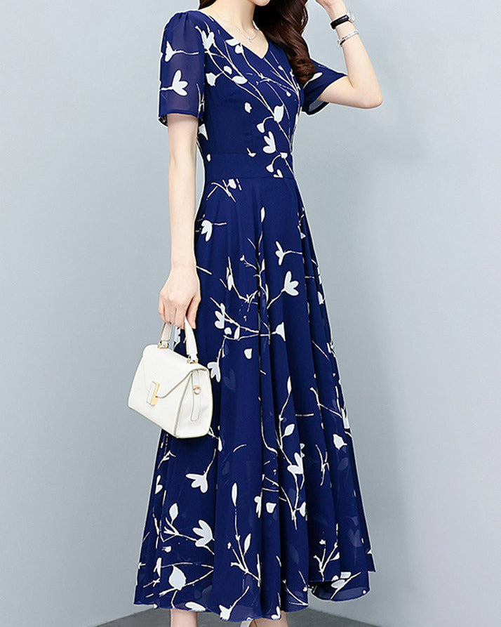 Alice – Boho Navy V Neck Chiffon Maxi Dress for Summer