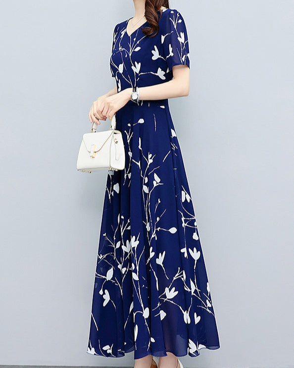 Alice – Boho Navy V Neck Chiffon Maxi Dress for Summer