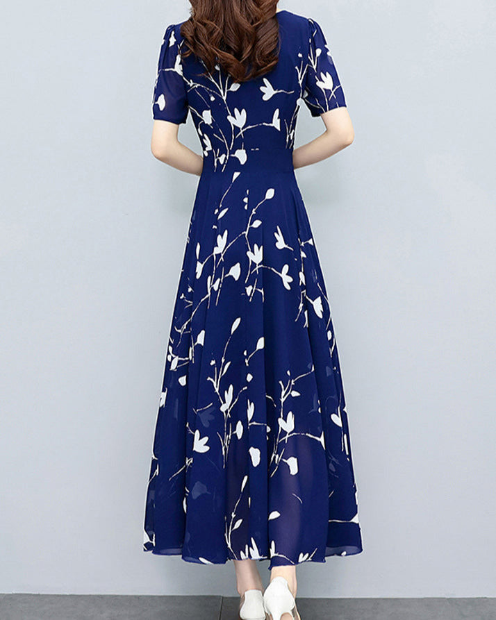 Alice – Boho Navy V Neck Chiffon Maxi Dress for Summer