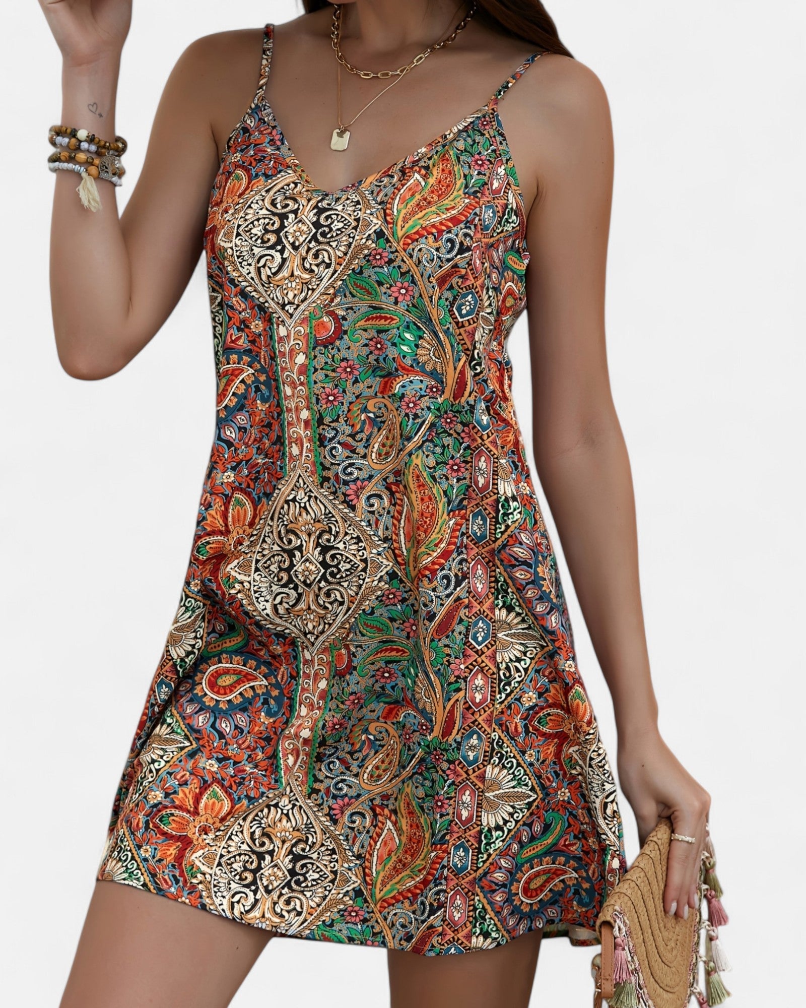 Alba – Boho Backless Paisley Slip Dress - Boho Style - Green - Brown - S - 