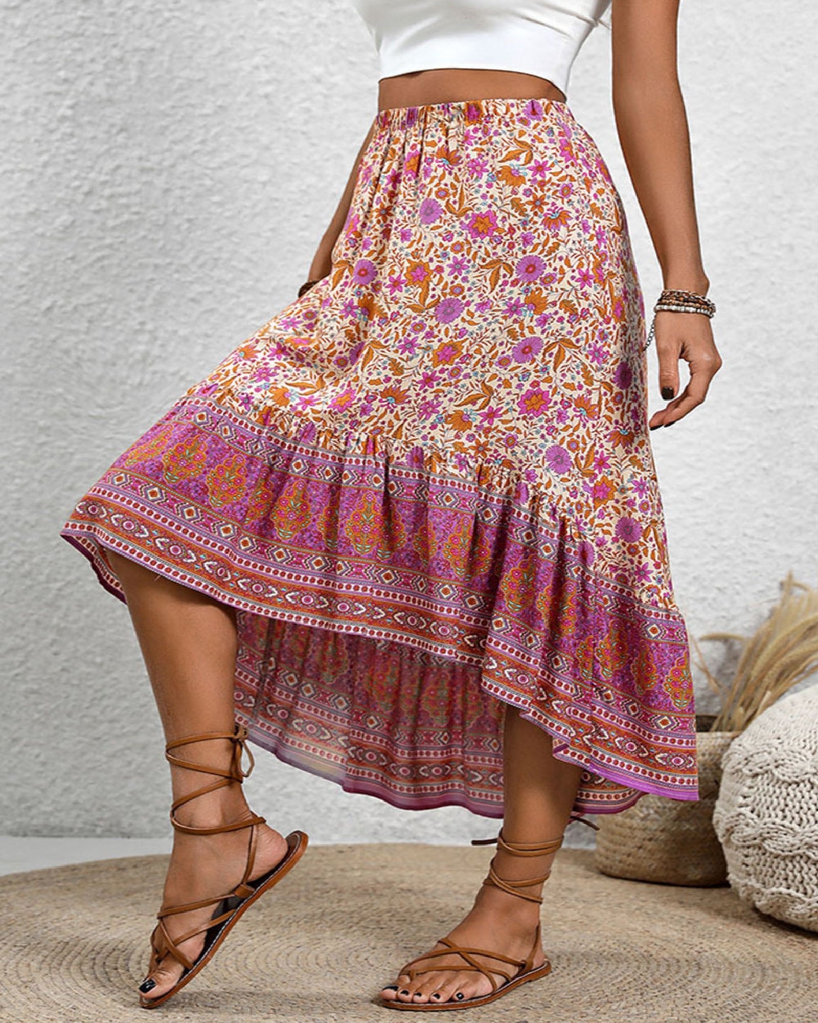 Amara – Flowy Boho Floral Midi Skirt - Skirts - Boho Style