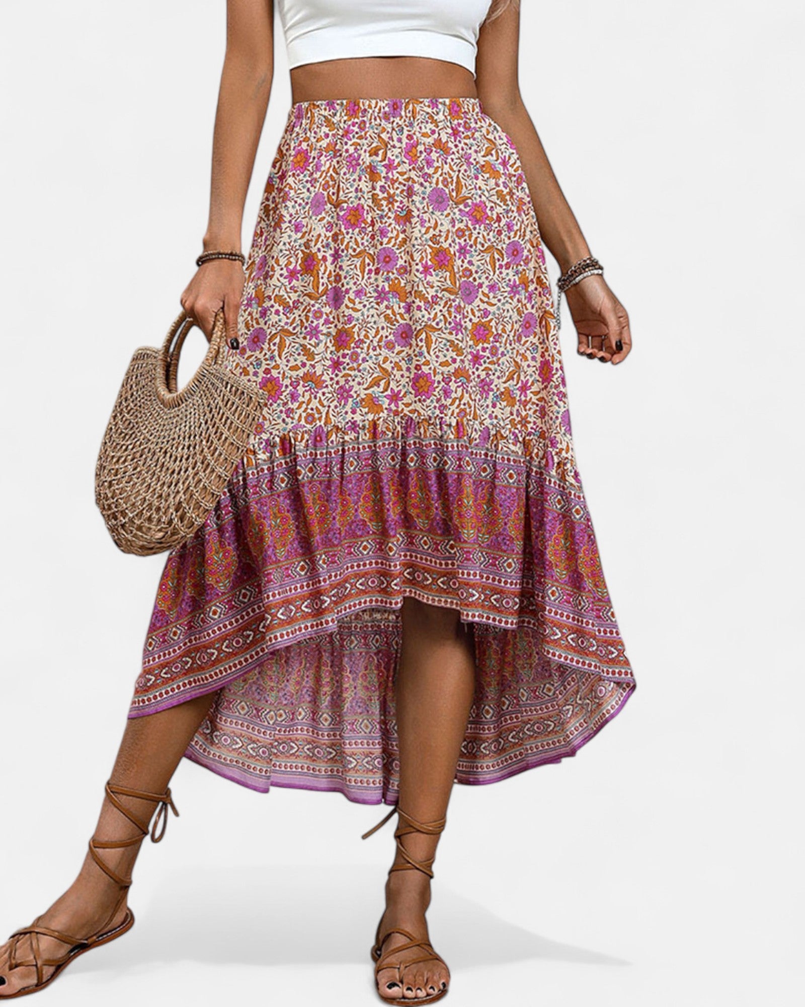 Amara – Flowy Boho Floral Midi Skirt - Skirts - Boho Style