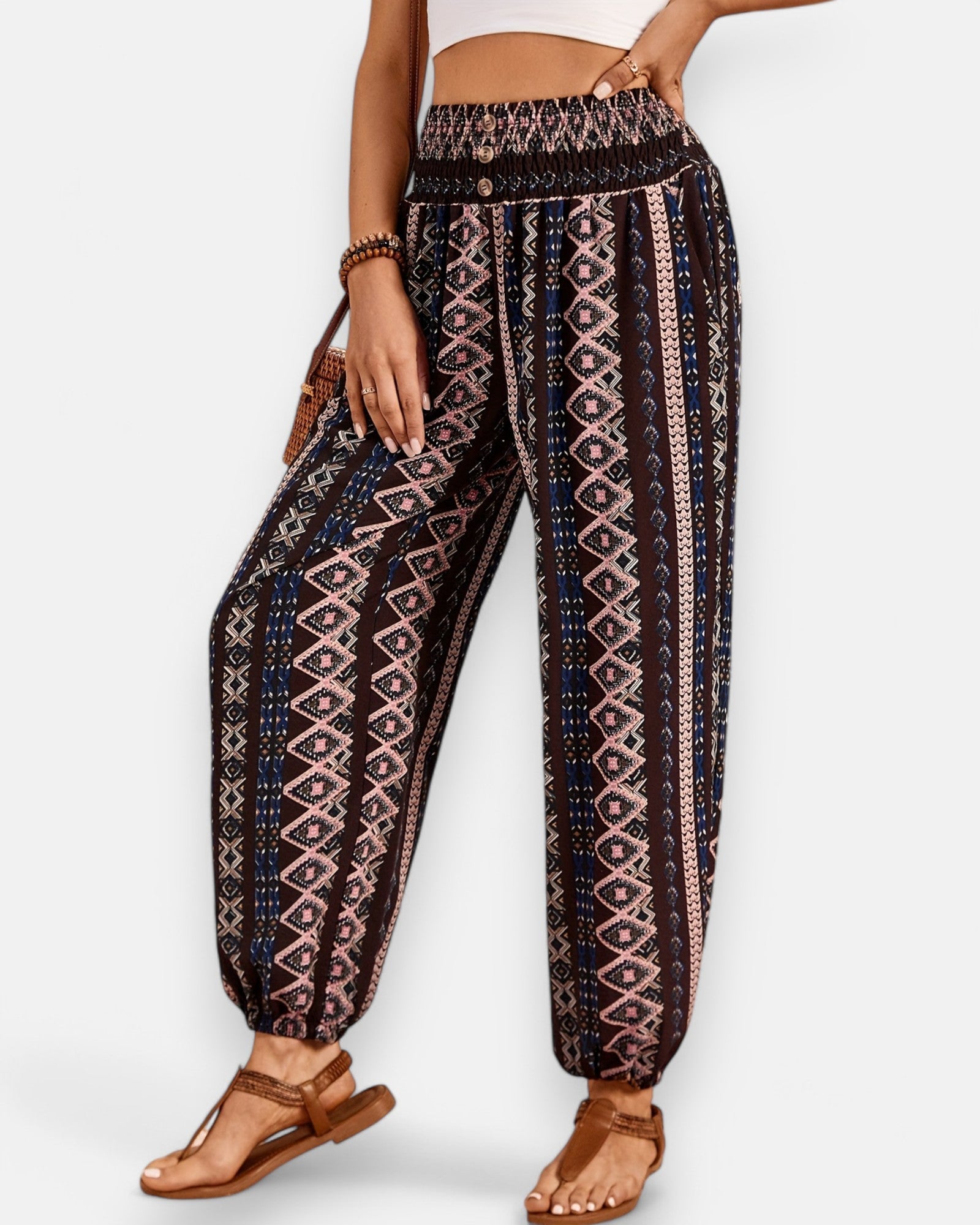 Amelia – Boho Ethnic Print Wide - Leg Trousers with Shirred Waist - Trouser - Boho Style
