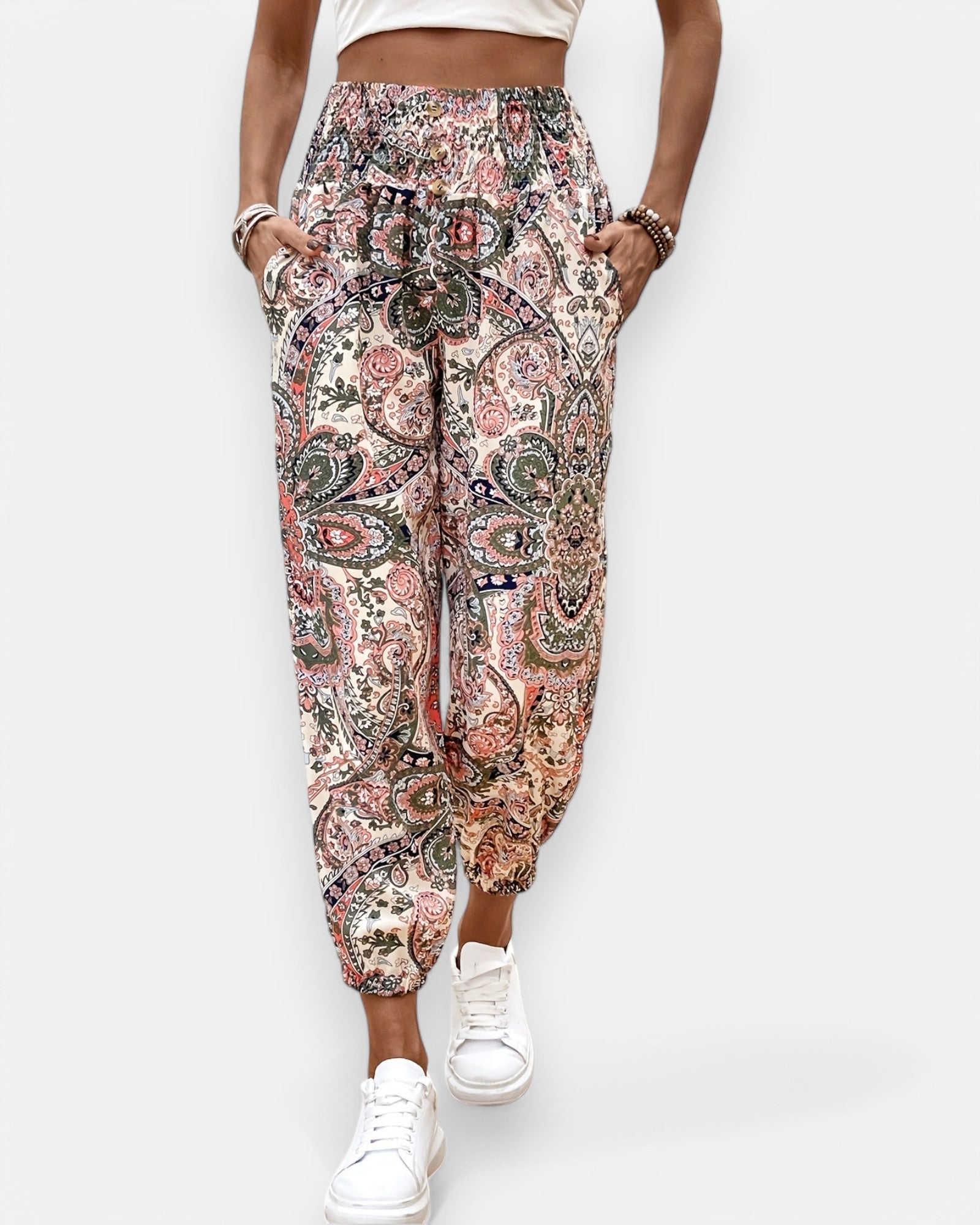 Amelia – Boho Ethnic Print Wide - Leg Trousers with Shirred Waist - Trouser - Boho Style