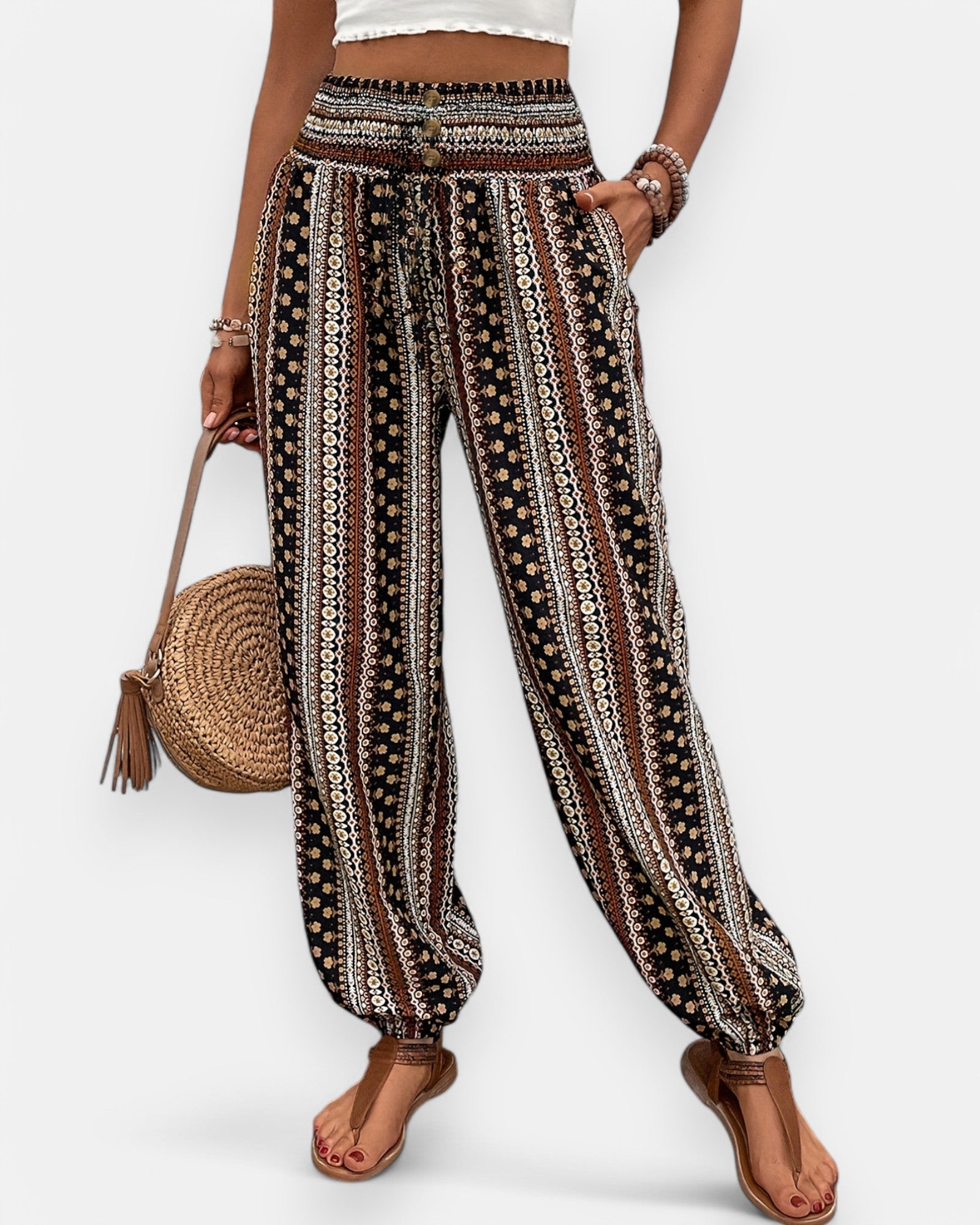 Amelia – Boho Ethnic Print Wide - Leg Trousers with Shirred Waist - Trouser - Boho Style