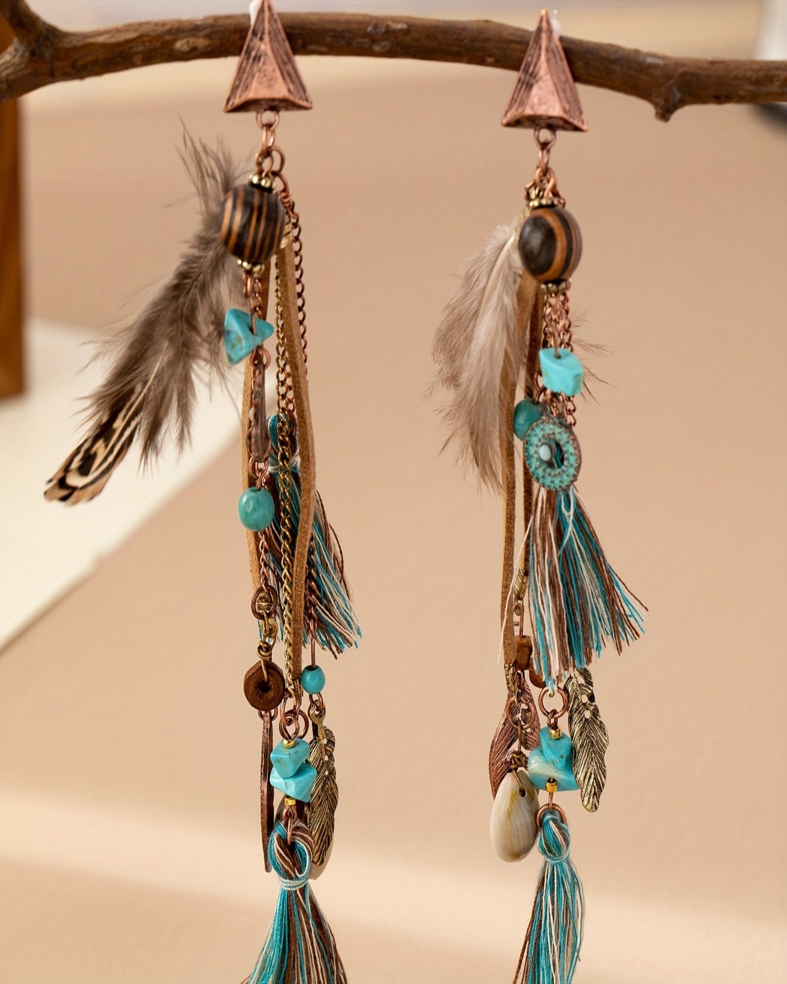 Amelia – Boho Feather Tassel Earrings in Alloy - Earrings - Boho Style