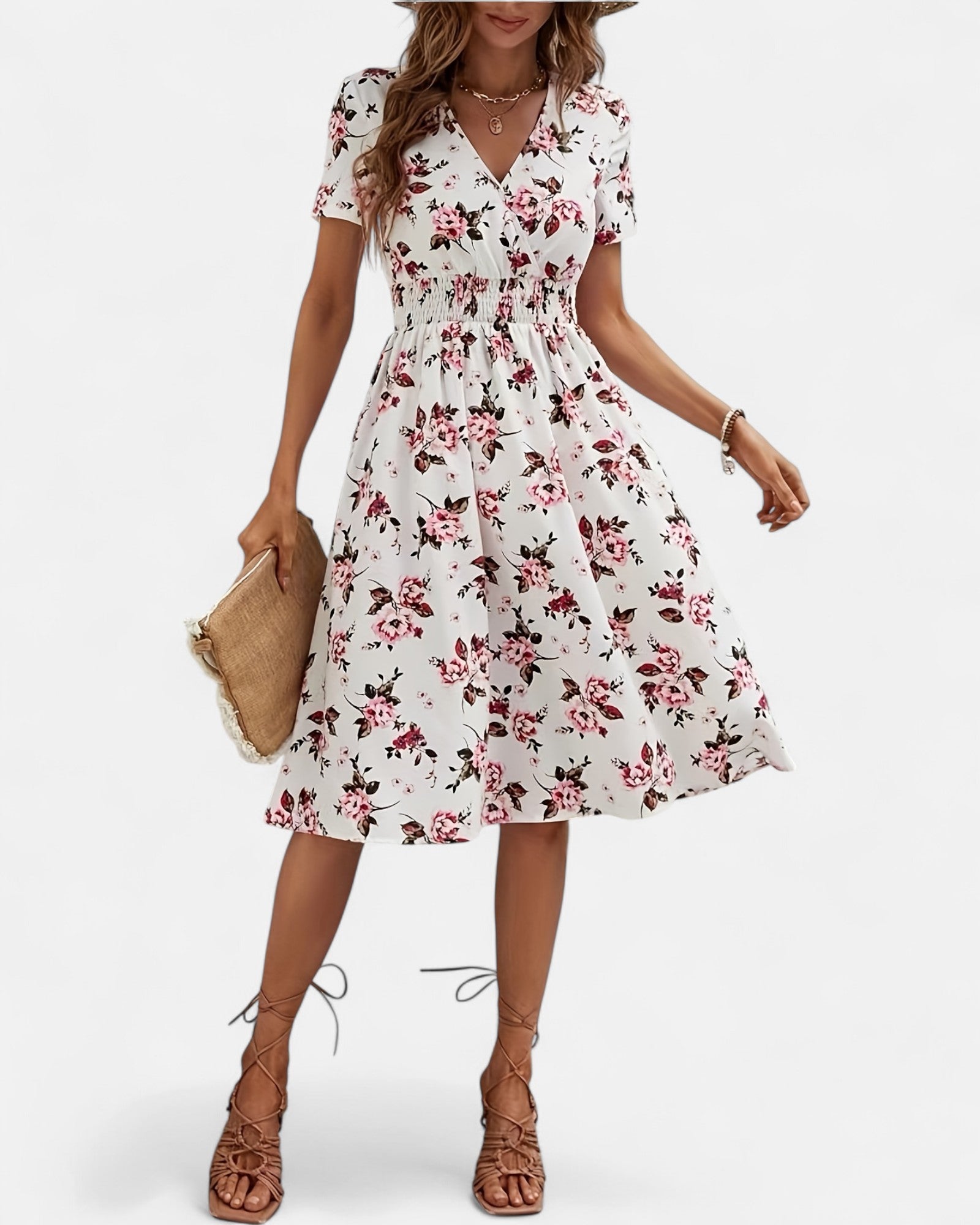 Amelia – Boho Floral Print V Neck Dress with Shirred Waist - Dress - Boho Style