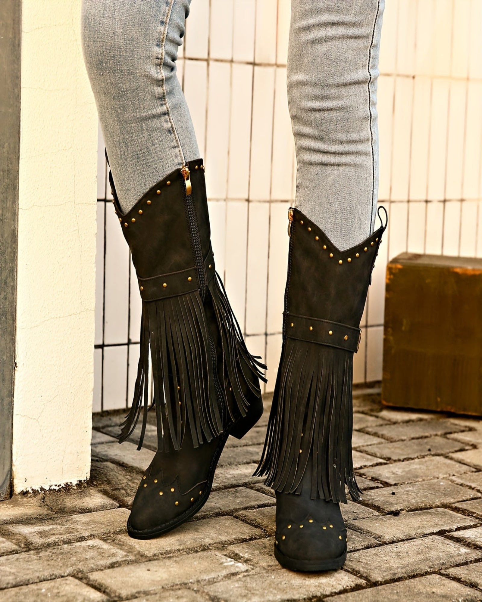 Amelia – Boho Mid - Calf Cowboy Boots with Tassels & Chunky Heel - Boho Style - Green - 36 - 