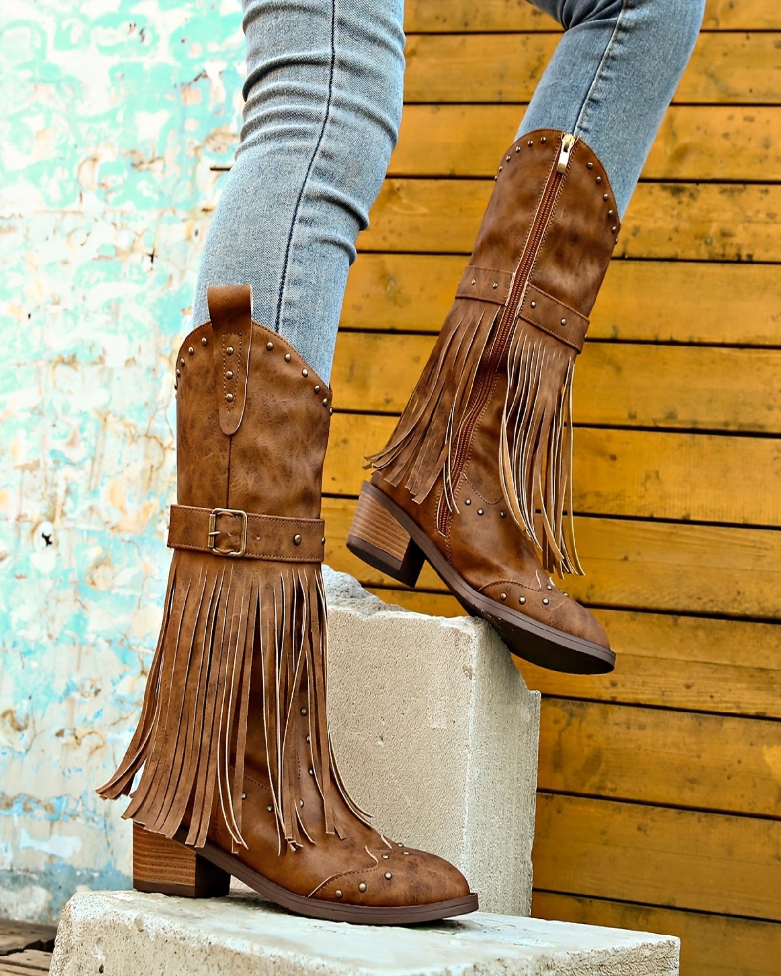 Amelia – Boho Mid - Calf Cowboy Boots with Tassels & Chunky Heel - Boho Style - Green - 36 - 