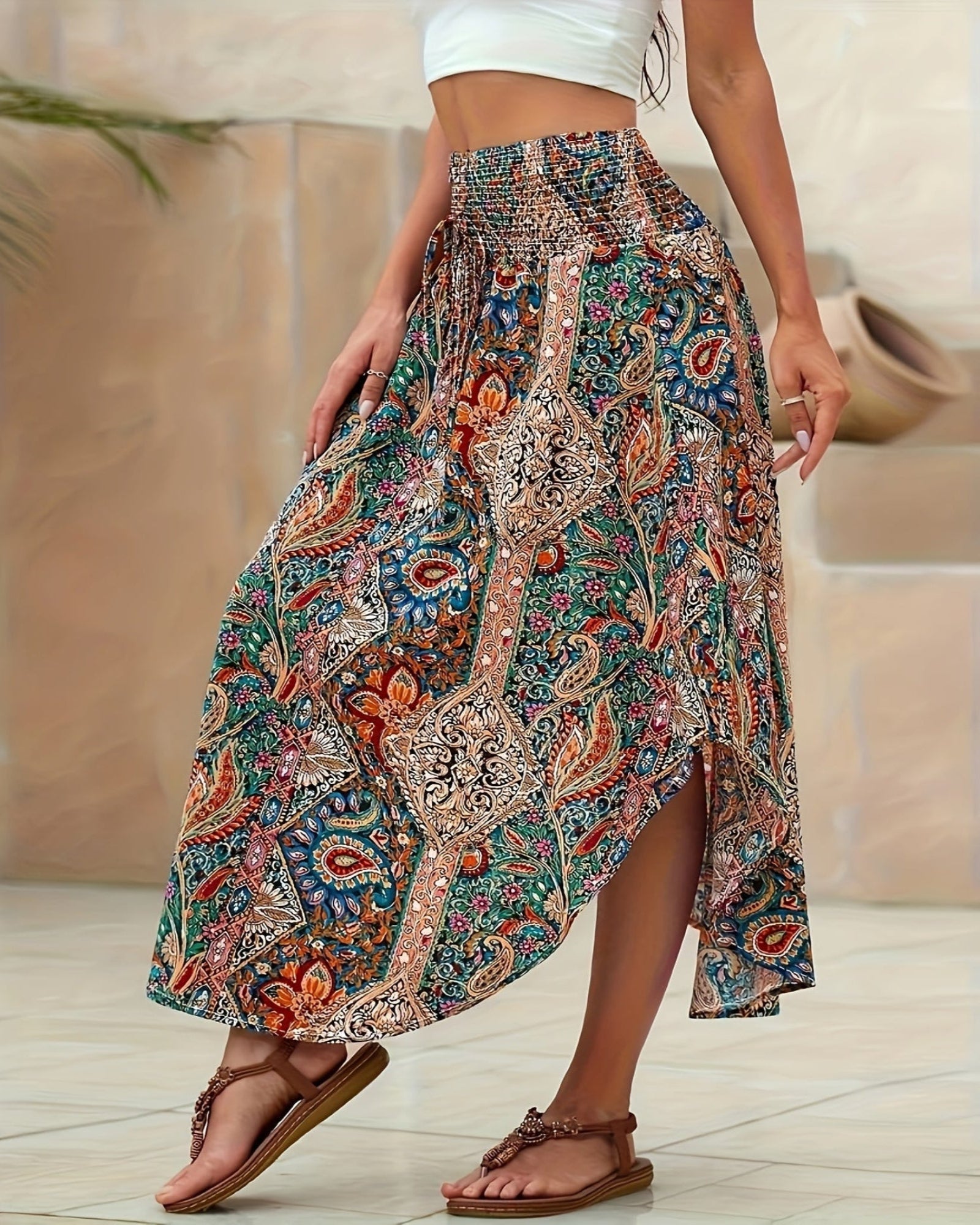 Amoura – Boho Paisley Print High - Waist Maxi Skirt - Skirt - Boho Style