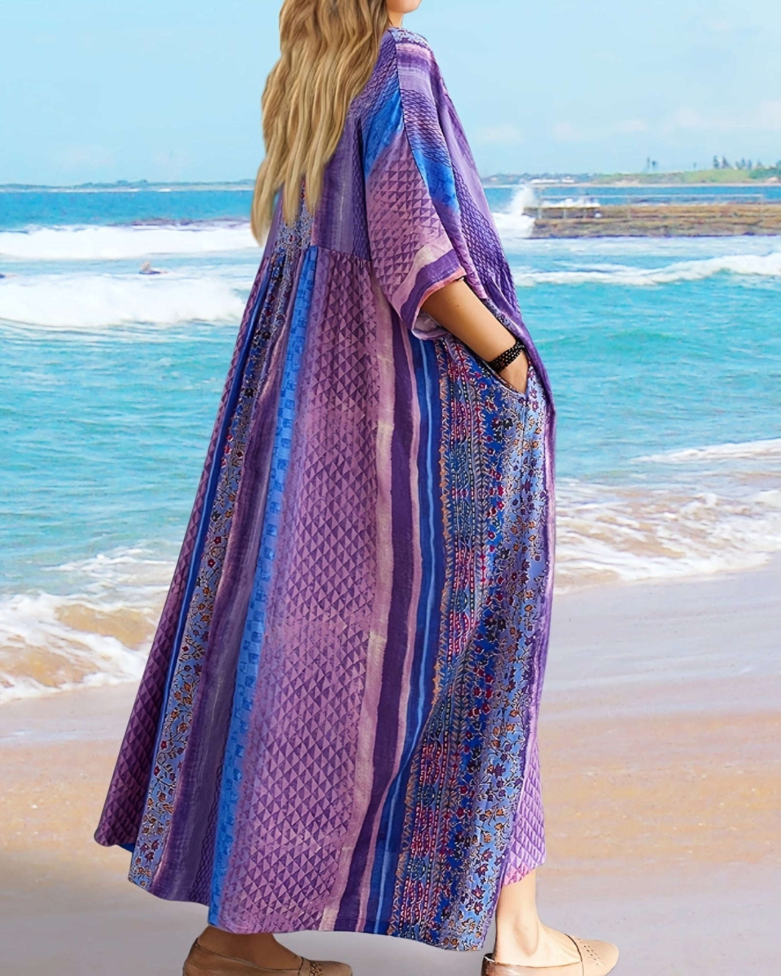 Arabella – Breezy Cotton Plus Size Boho Maxi Dress - Boho Style - Blue - XL - 