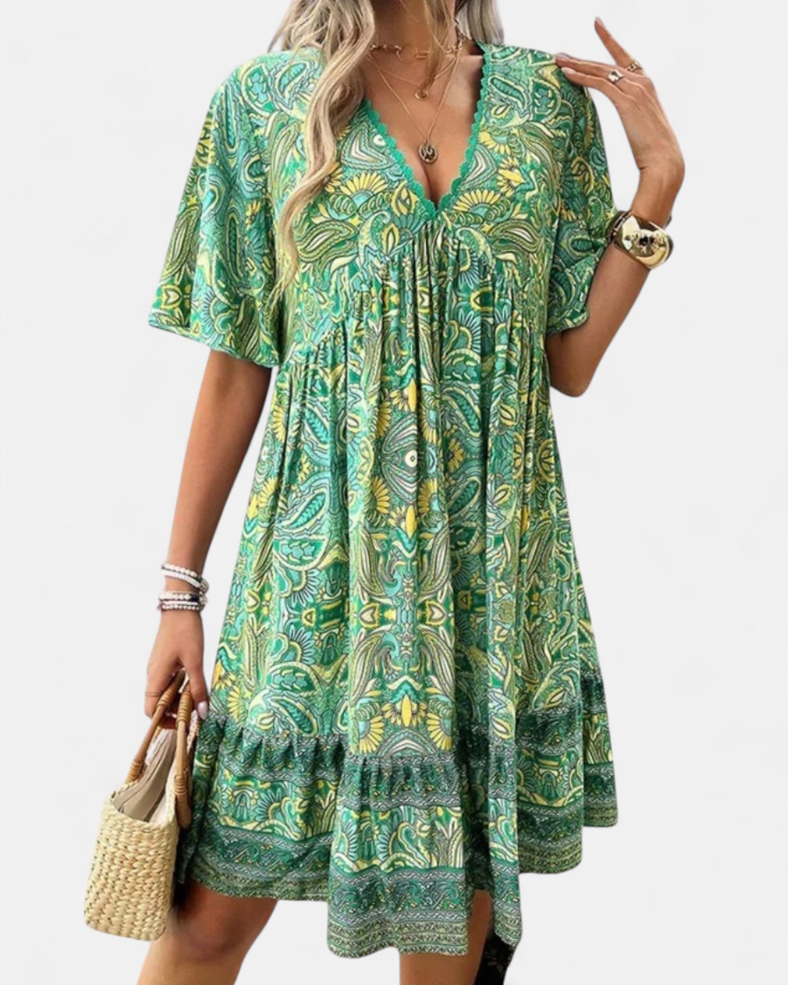 Ariella – Bohemian V Neck Cotton Paisley Summer Dress - Dresses - Boho Style