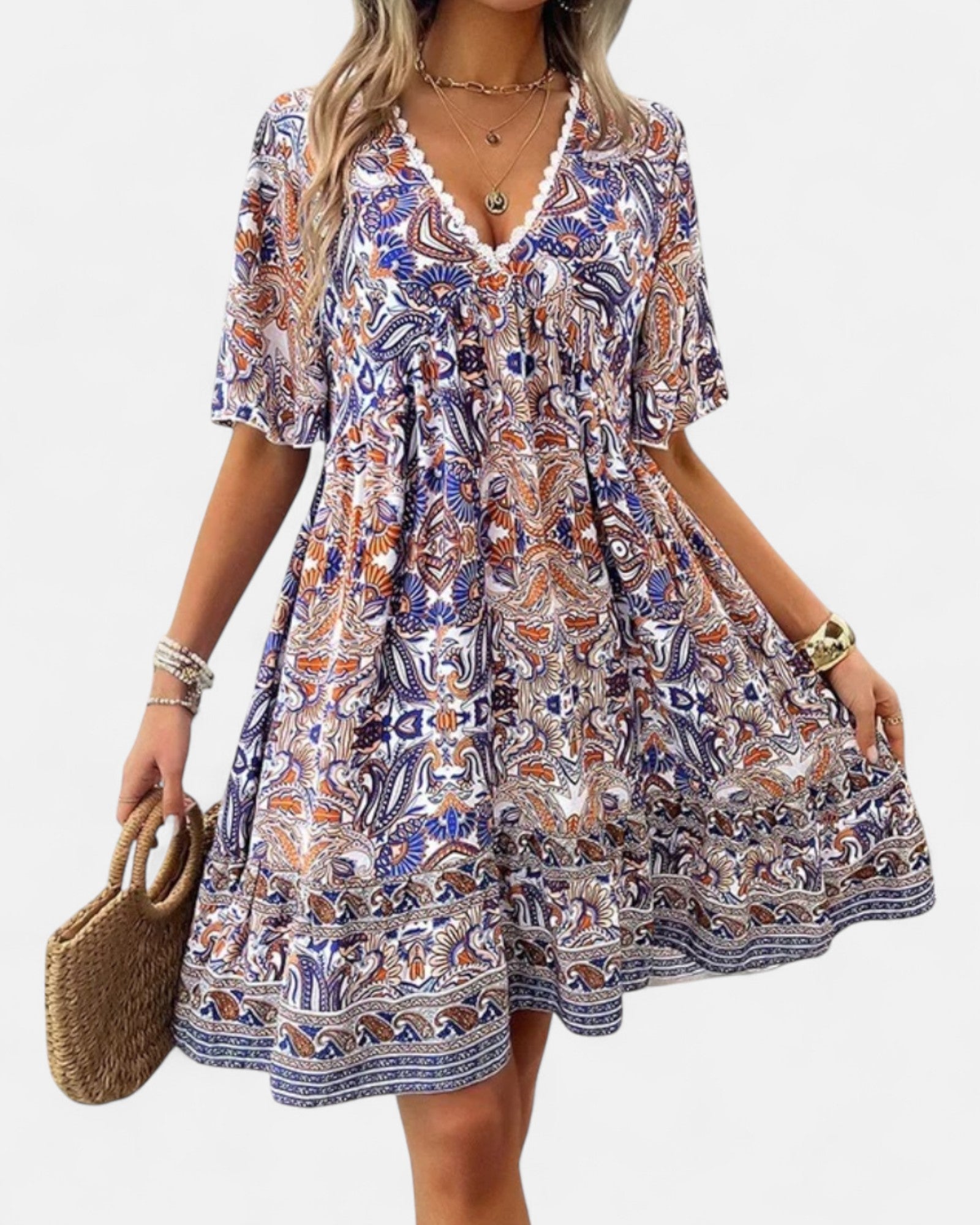 Ariella – Bohemian V Neck Cotton Paisley Summer Dress - Dresses - Boho Style