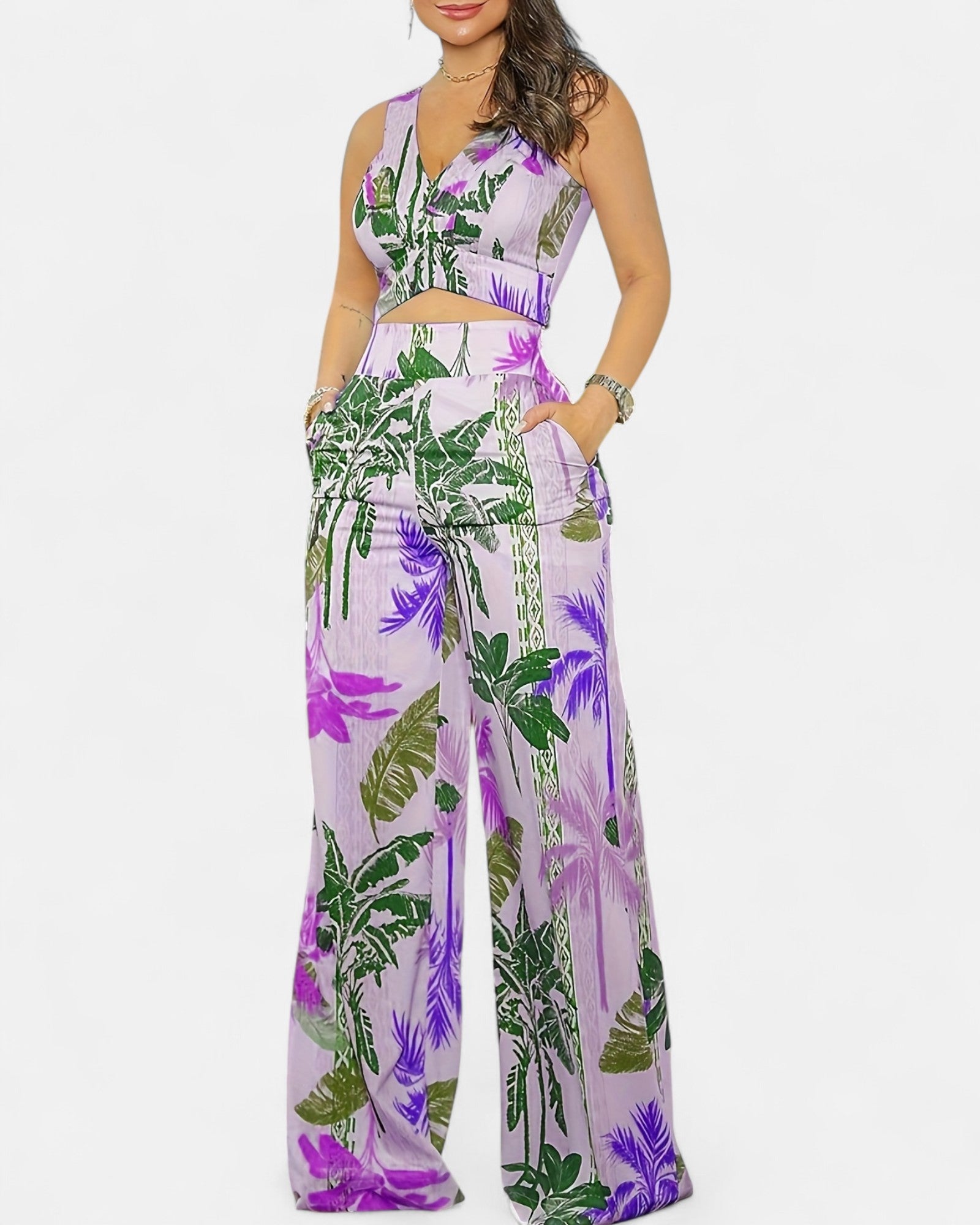 Ariella – Boho Tropical Print V Neck Sleeveless Set & Wide Leg Trousers - Outfit Sets - Boho Style