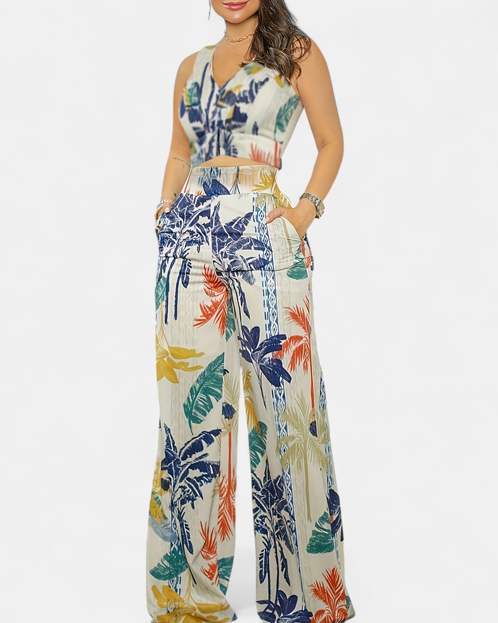 Ariella – Boho Tropical Print V Neck Sleeveless Set & Wide Leg Trousers - Outfit Sets - Boho Style