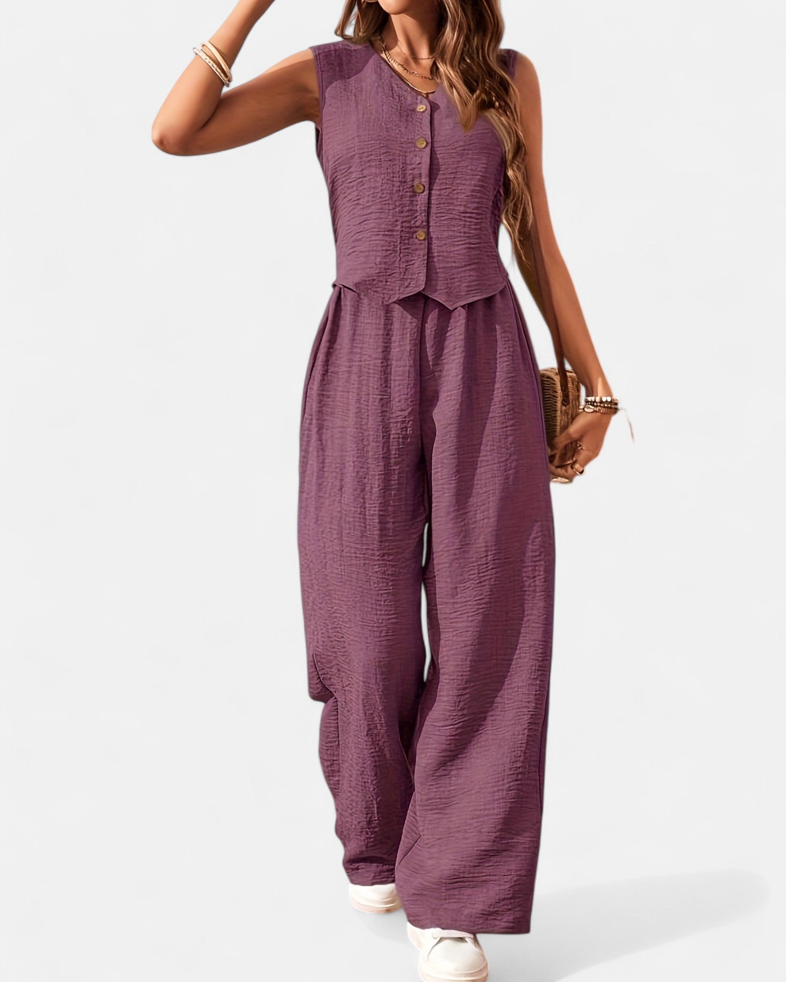 Ariella – Boho V - Neck Sleeveless Jumpsuit & Wide - Leg Trousers Set - Boho Style - Fuchsia - S - 