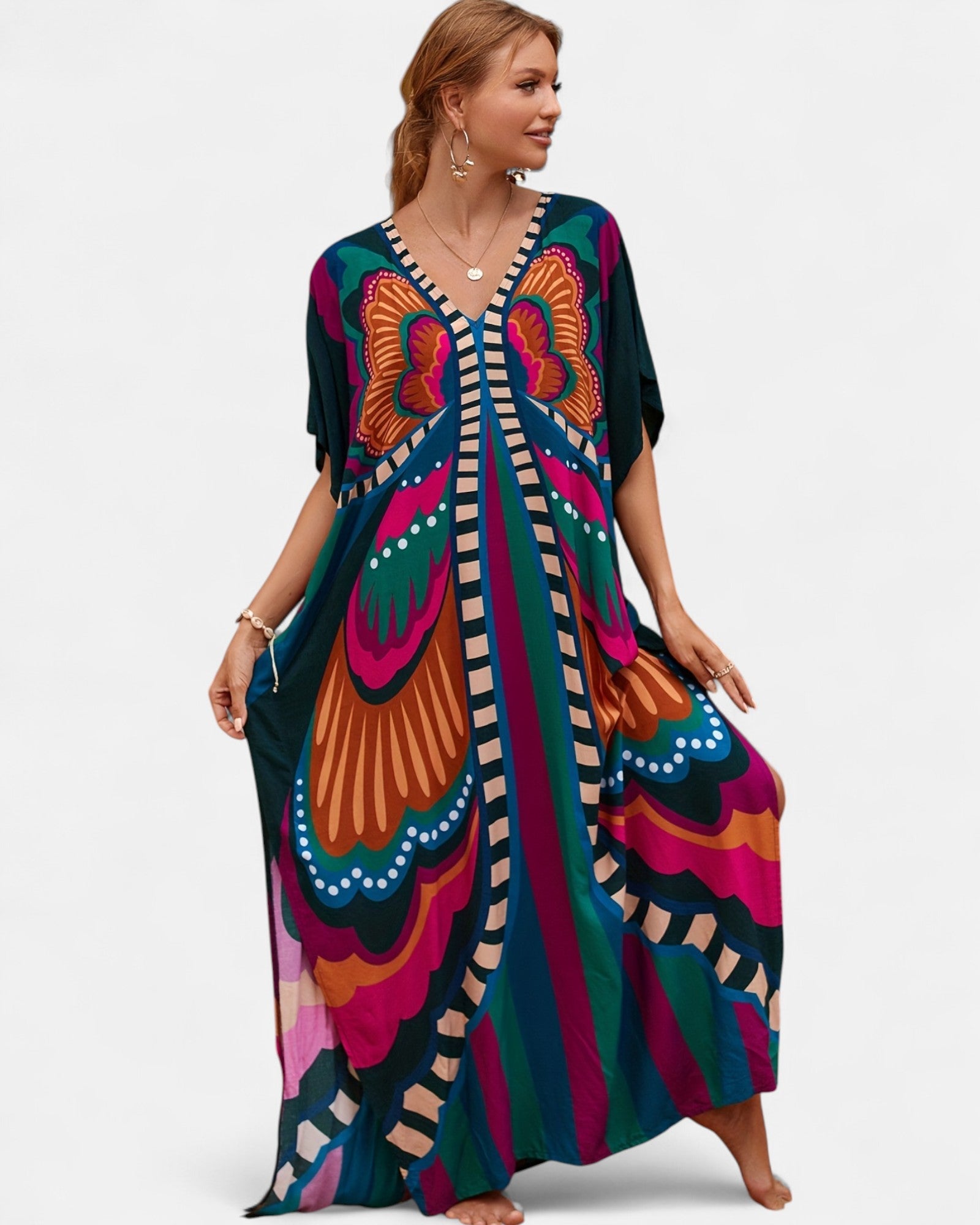Arlen – Boho V Neck Butterfly Print Kaftan Dress - Dress - Boho Style