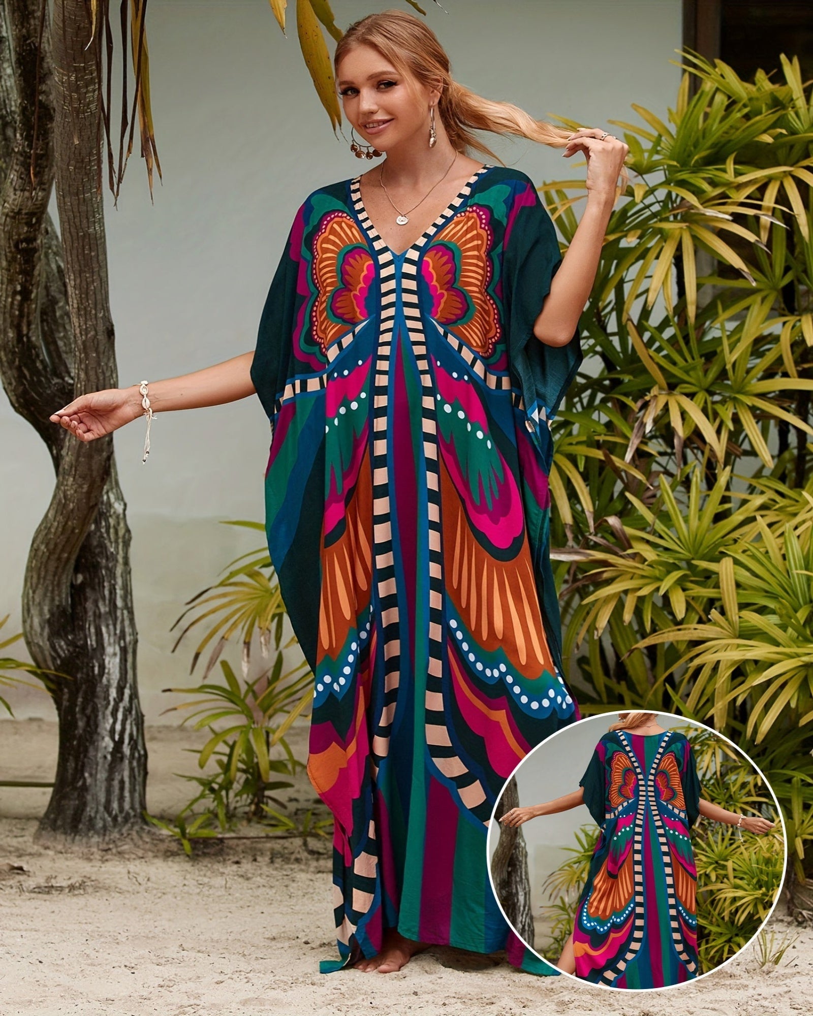 Arlen – Boho V Neck Butterfly Print Kaftan Dress - Dress - Boho Style