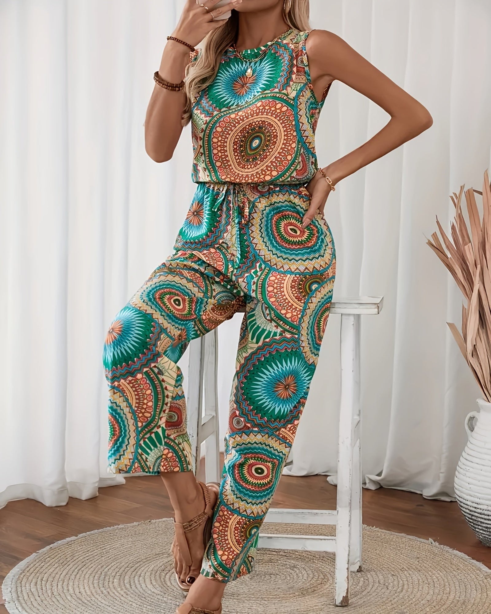 Arlenis – Breezy Sleeveless Boho Jumpsuit with Tie - Waist & Wide Legs - Jumpsuit - Boho Style