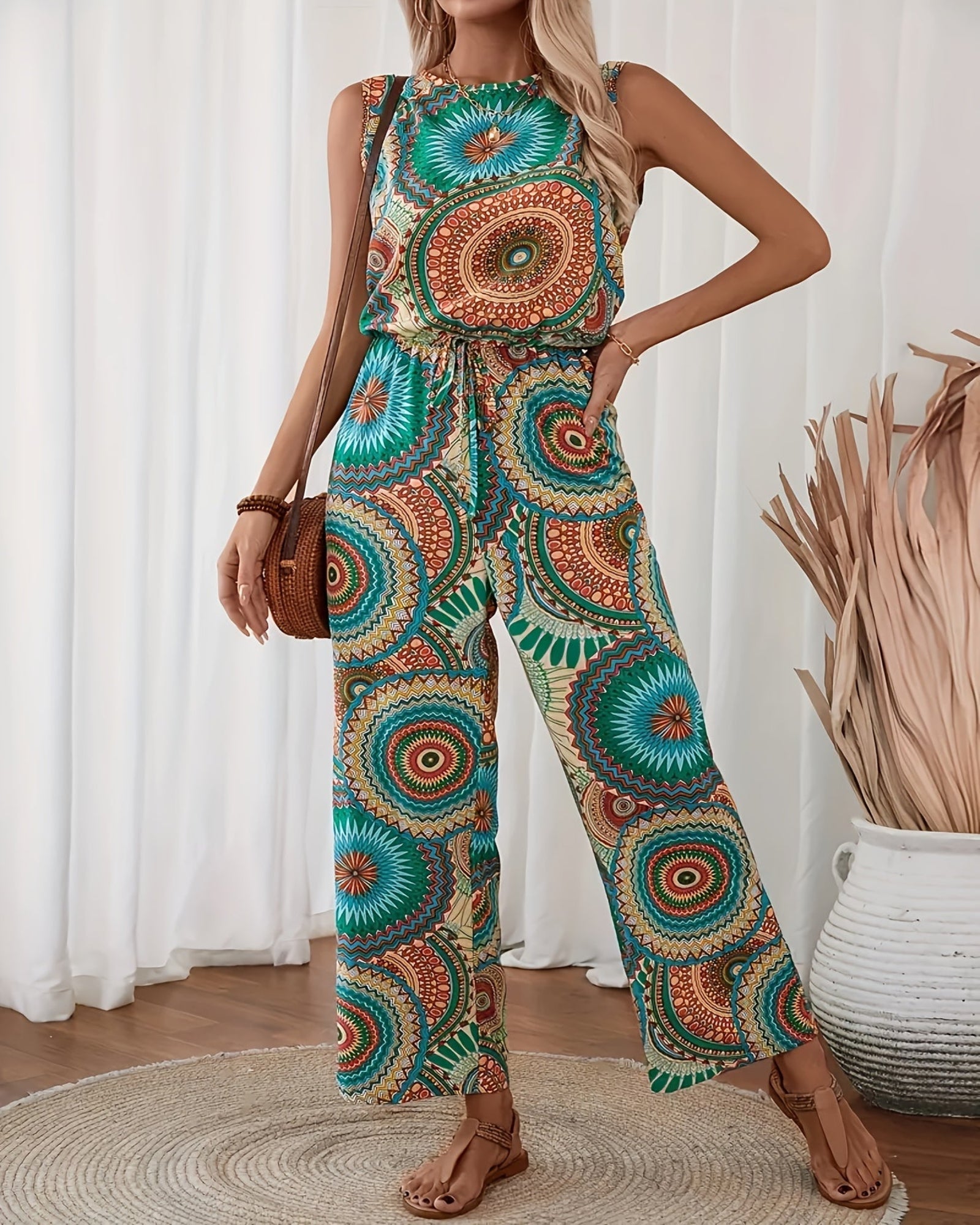 Arlenis – Breezy Sleeveless Boho Jumpsuit with Tie - Waist & Wide Legs - Jumpsuit - Boho Style