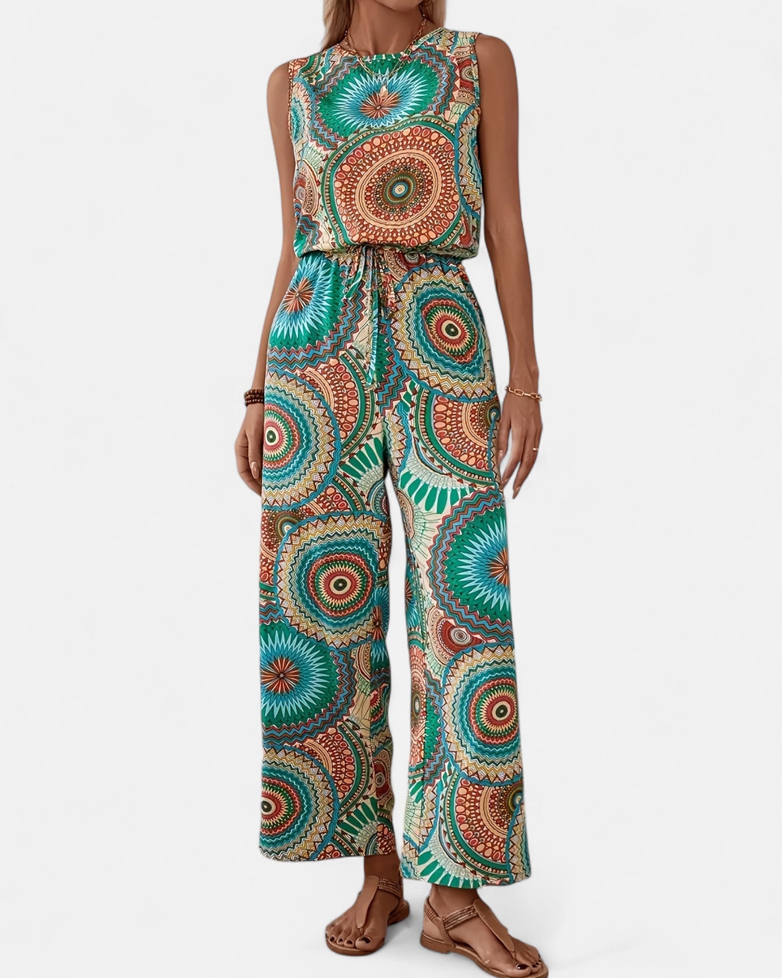 Arlenis – Breezy Sleeveless Boho Jumpsuit with Tie - Waist & Wide Legs - Jumpsuit - Boho Style