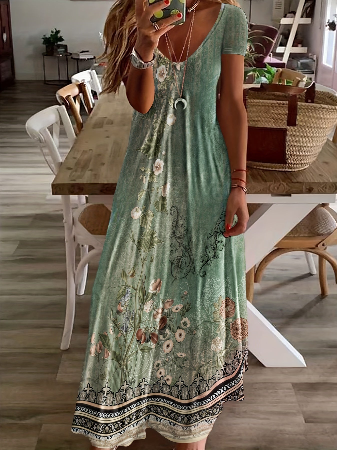 Sophie – Vintage Floral Print Maxi Dress, Cotton V-Neck