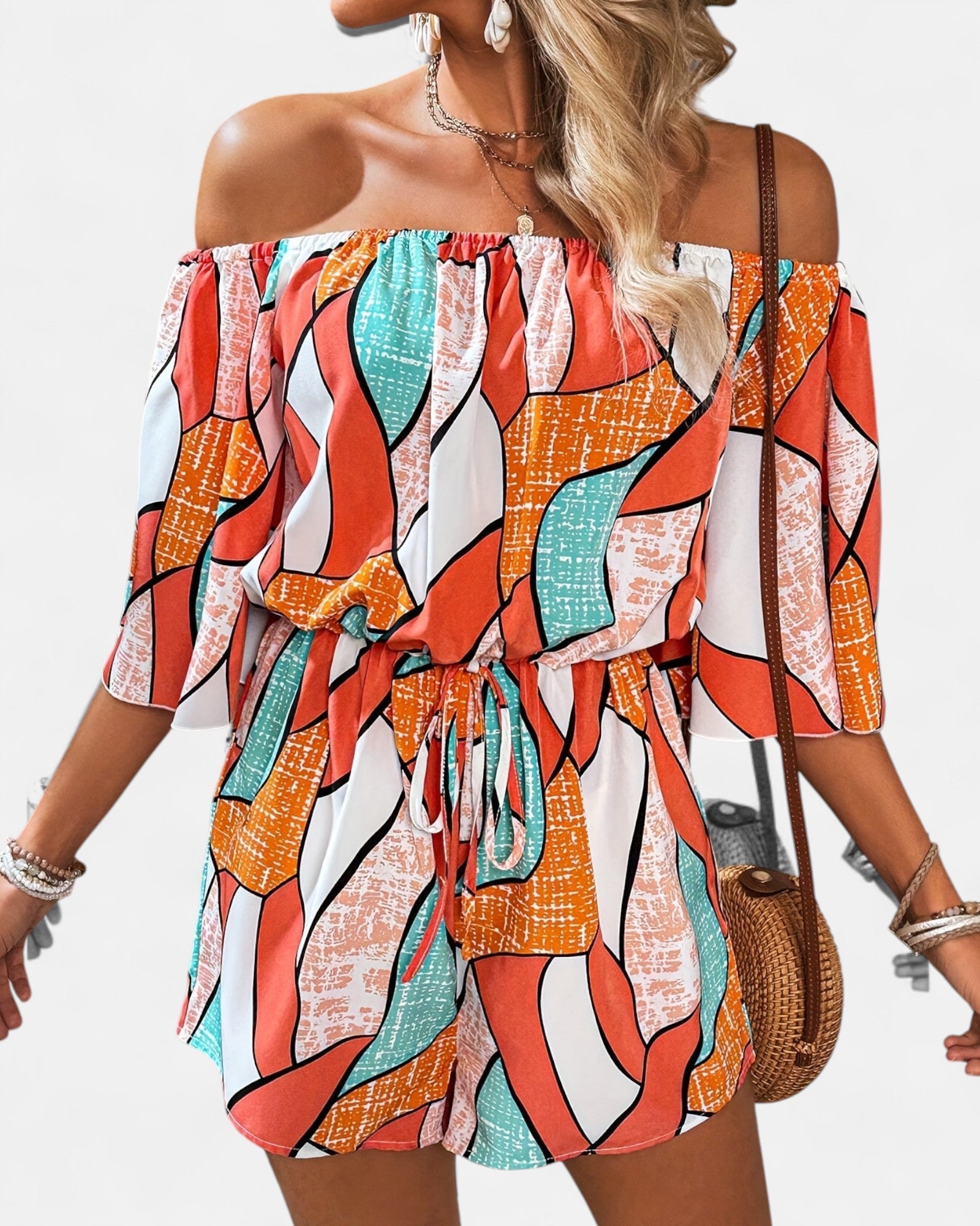 Briella – Boho Off - Shoulder Geo Print Romper - Romper - Boho Style