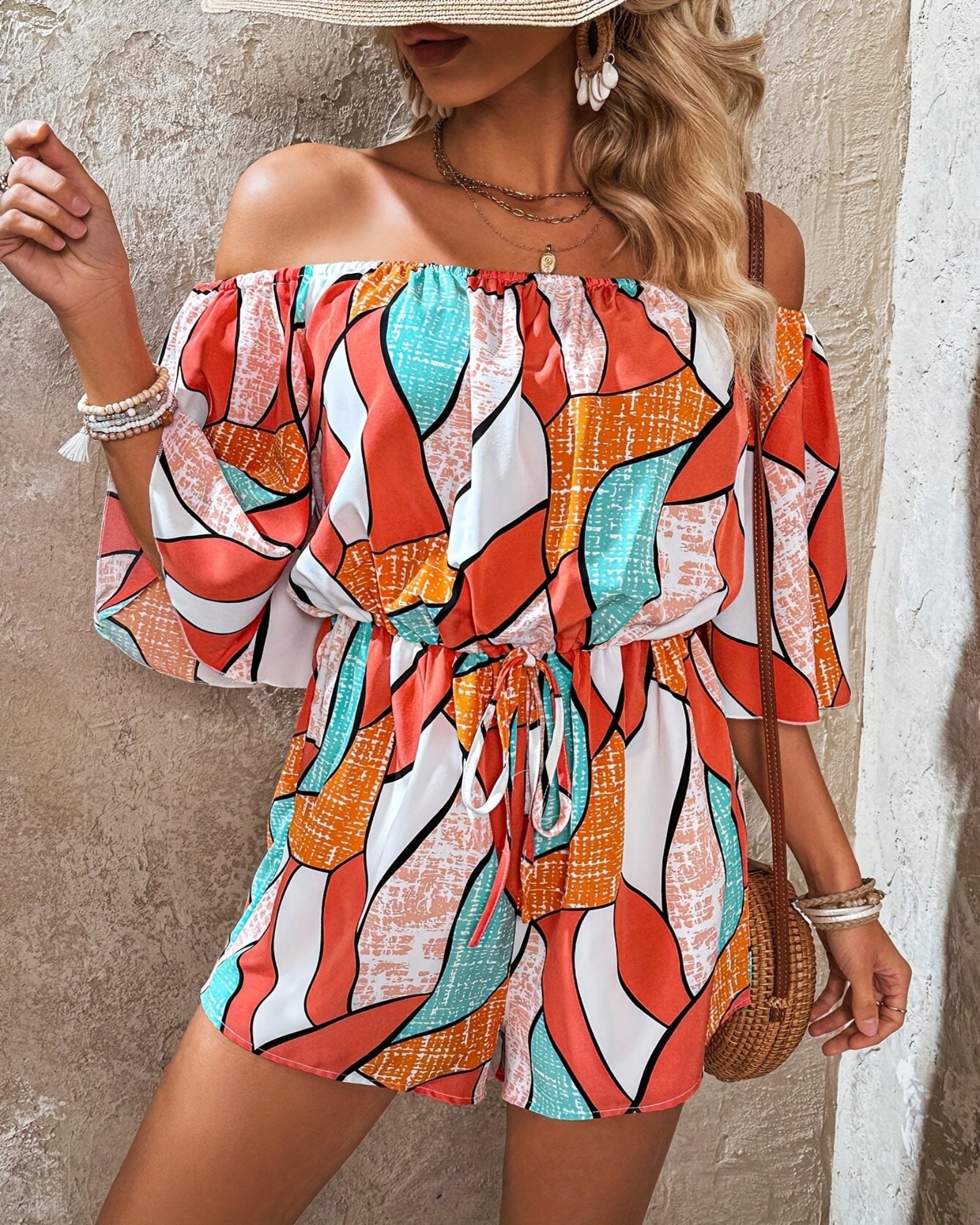 Briella – Boho Off - Shoulder Geo Print Romper - Romper - Boho Style