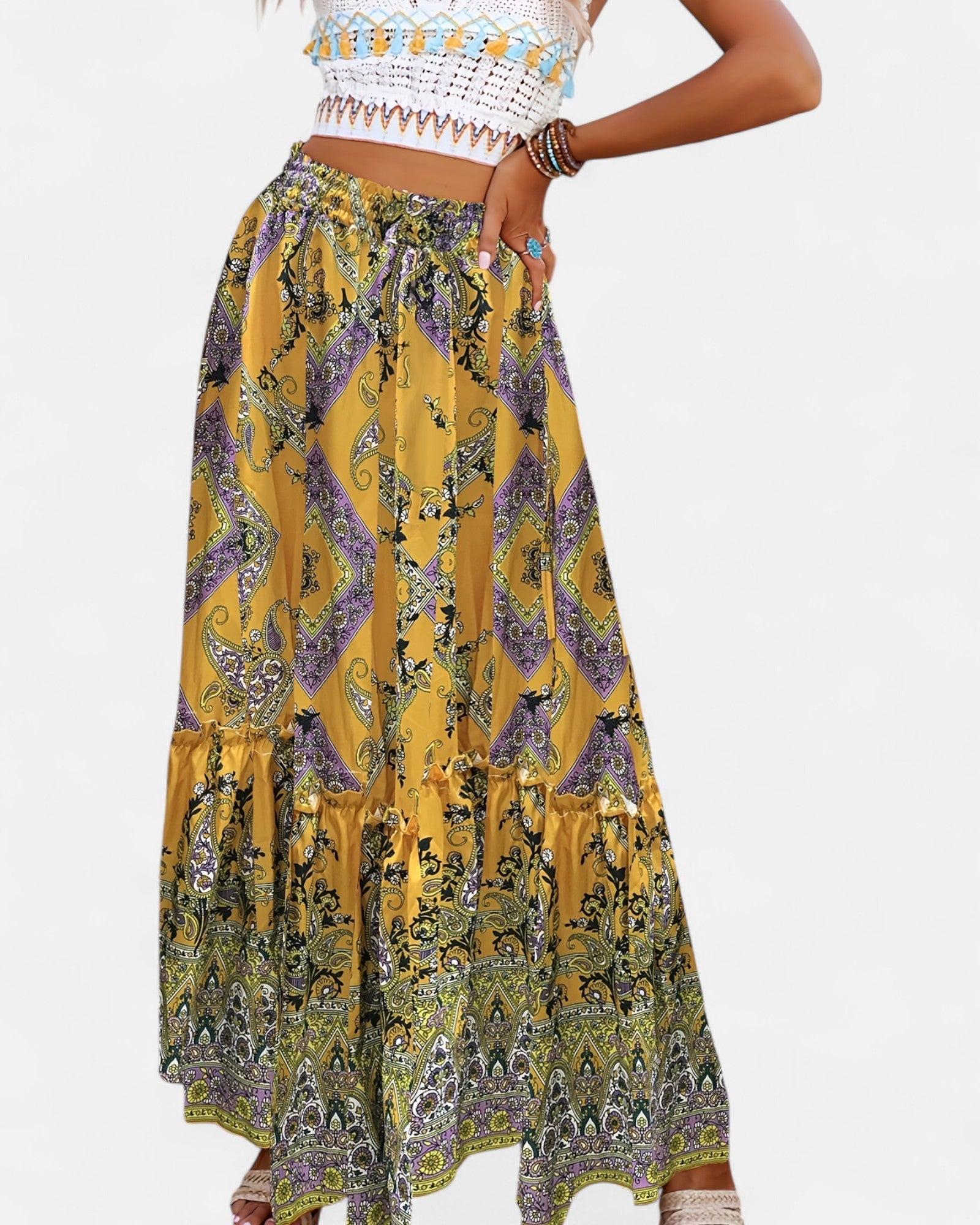 Calina – Boho Paisley Print Maxi Skirt with Drawstring Detail - Skirts - Boho Style