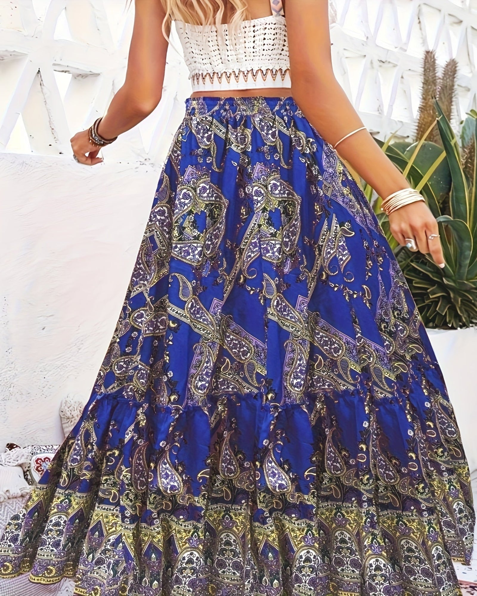 Calina – Boho Paisley Print Maxi Skirt with Drawstring Detail - Skirts - Boho Style