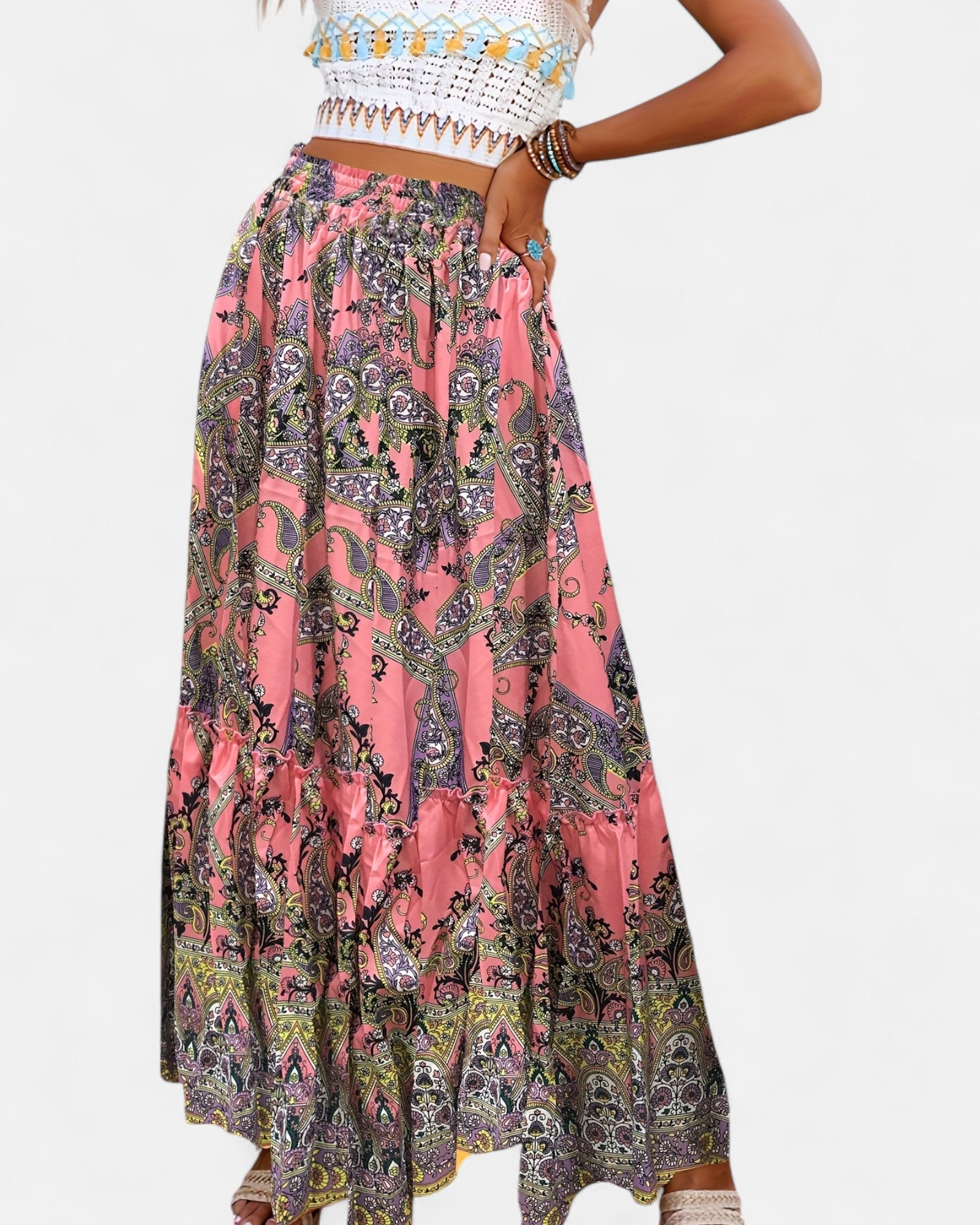 Calina – Boho Paisley Print Maxi Skirt with Drawstring Detail - Skirts - Boho Style