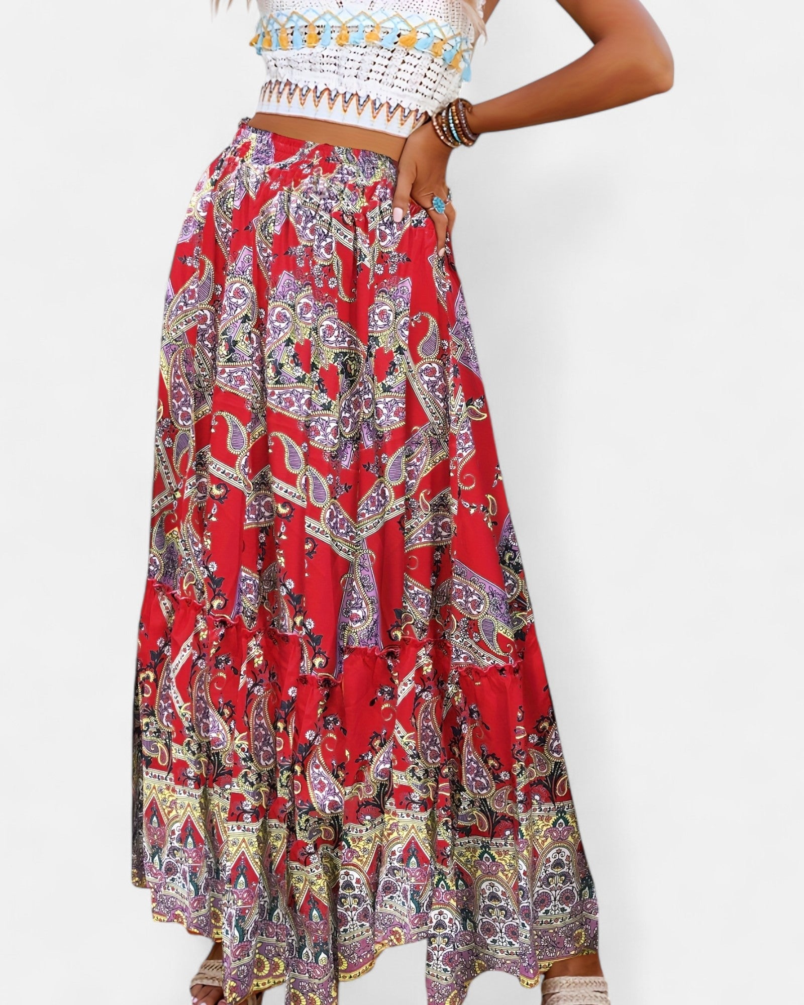 Calina – Boho Paisley Print Maxi Skirt with Drawstring Detail - Skirts - Boho Style