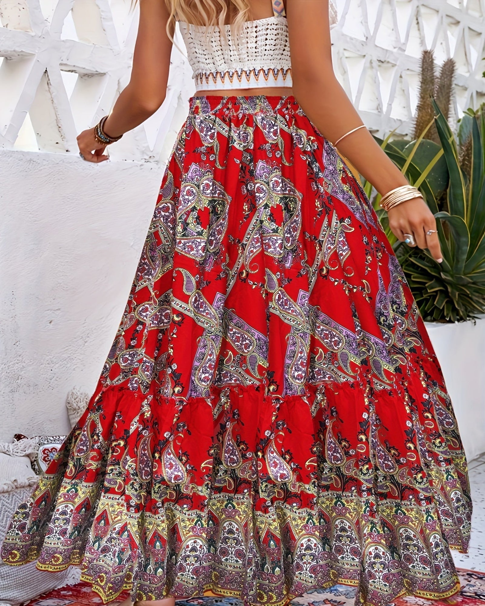 Calina – Boho Paisley Print Maxi Skirt with Drawstring Detail - Skirts - Boho Style