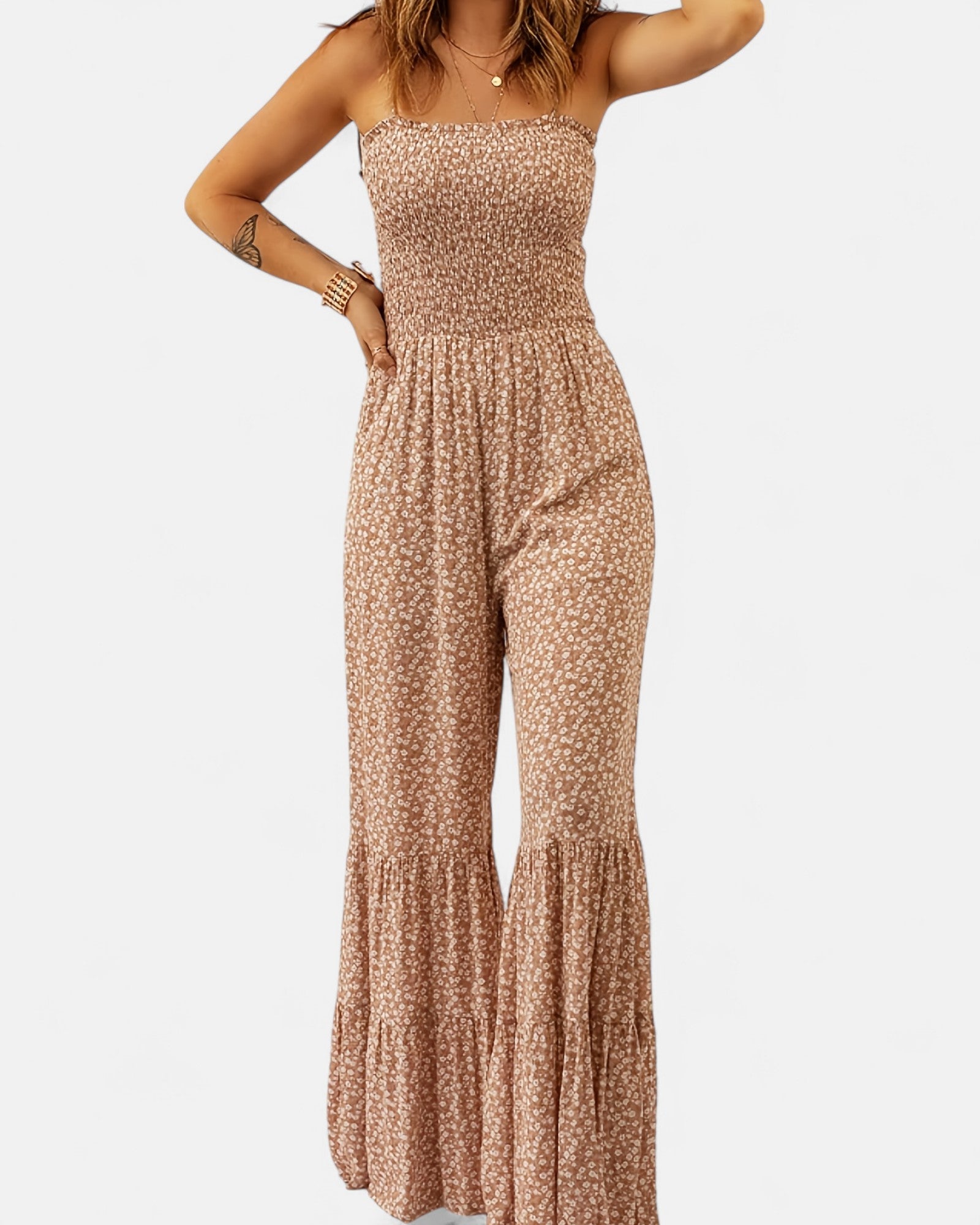 Celina – Pink & White High - Waisted Boho Floral Jumpsuit - Jumpsuit - Boho Style