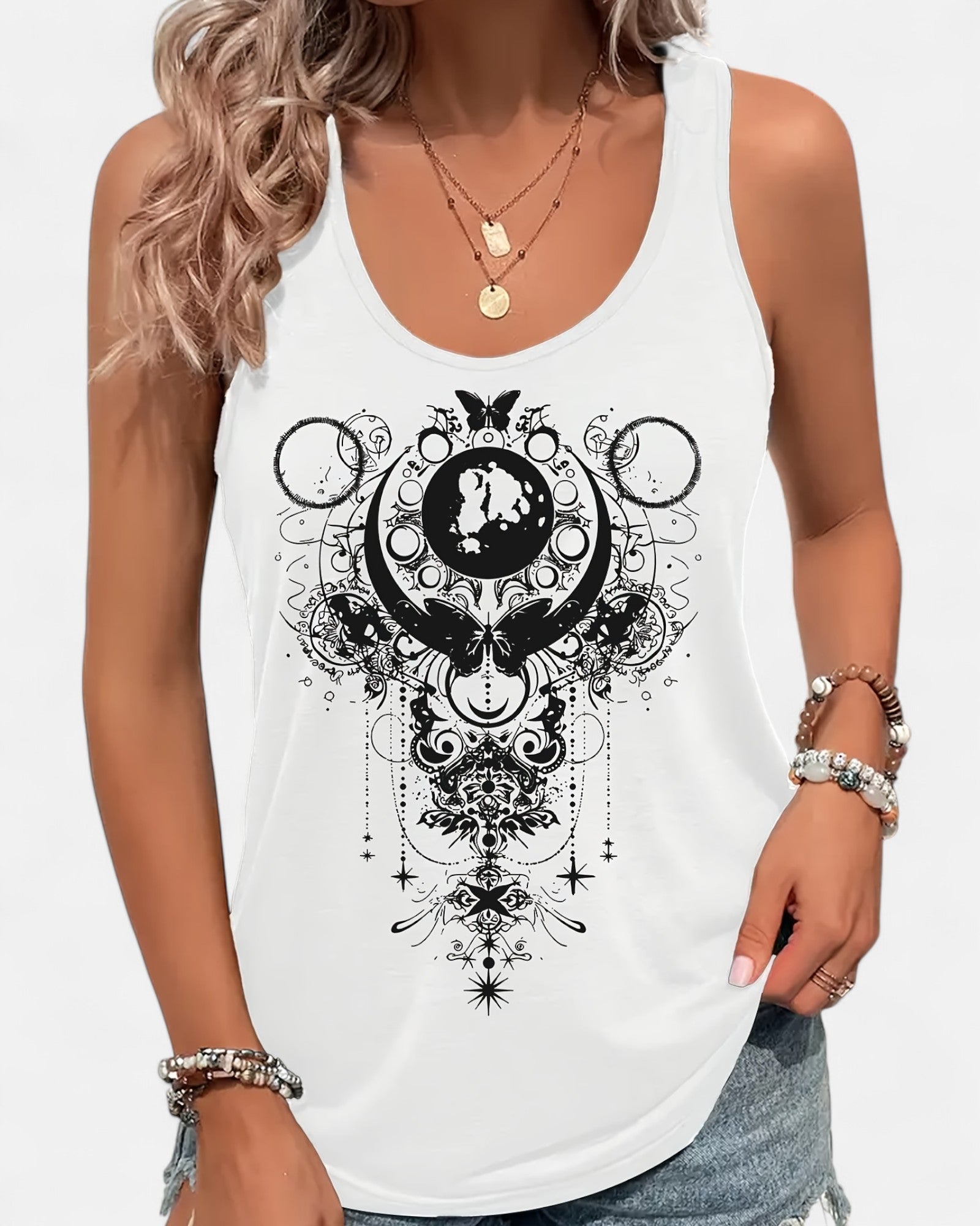 Cerise – Relaxed Cotton Boho Star & Moon Sleeveless Top - Tank Top - Boho Style