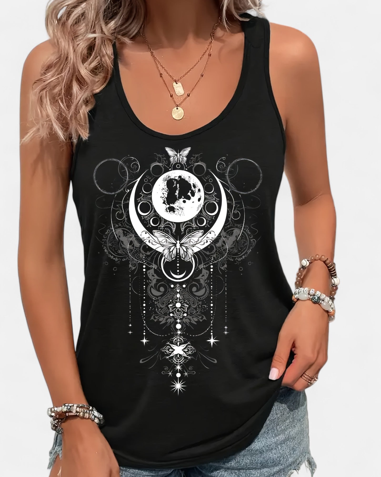 Cerise – Relaxed Cotton Boho Star & Moon Sleeveless Top - Tank Top - Boho Style