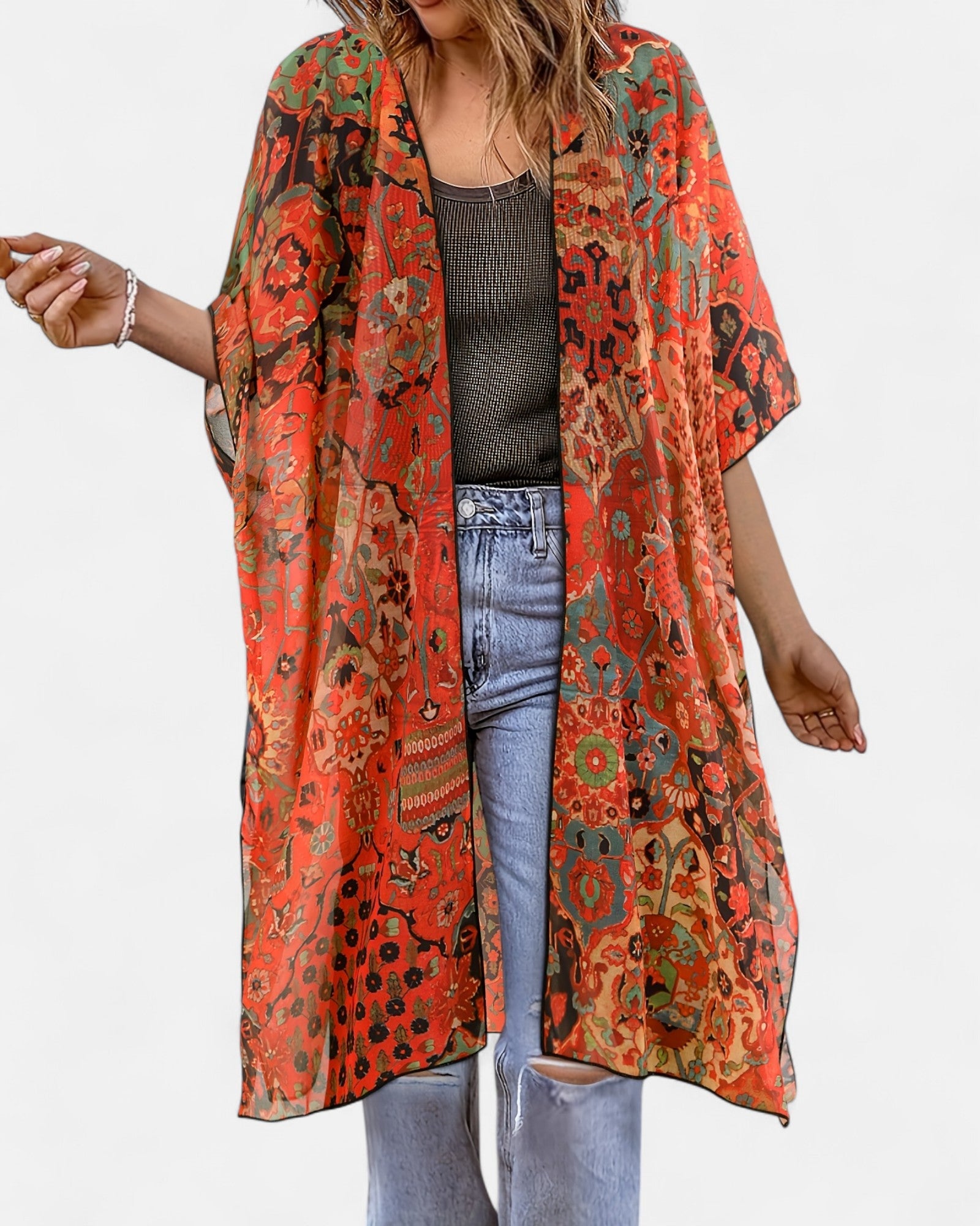 Charlotte – Plus Size Boho Floral Open Kimono Cardigan - Kimono Cardigan - Boho Style