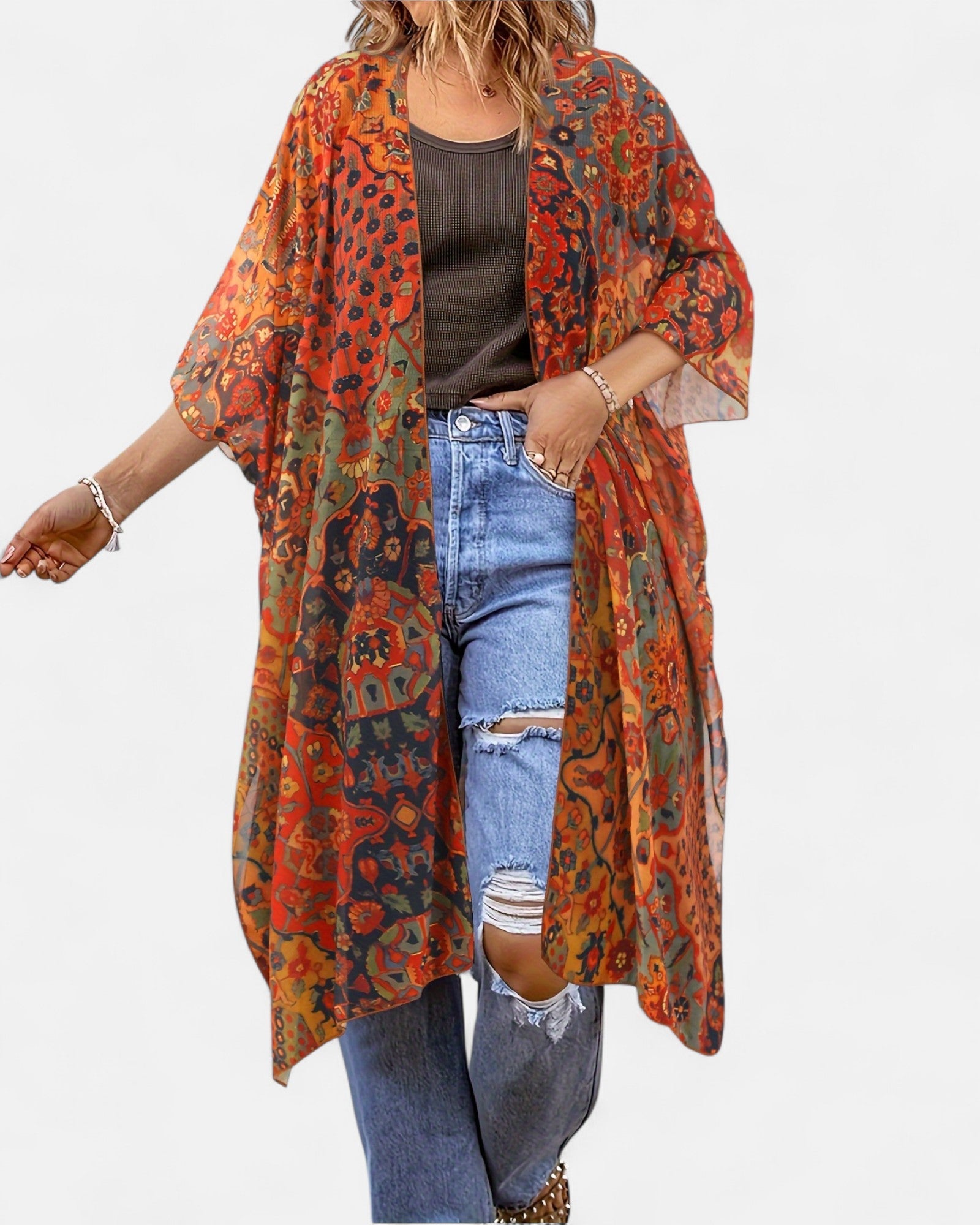 Charlotte – Plus Size Boho Floral Open Kimono Cardigan - Kimono Cardigan - Boho Style