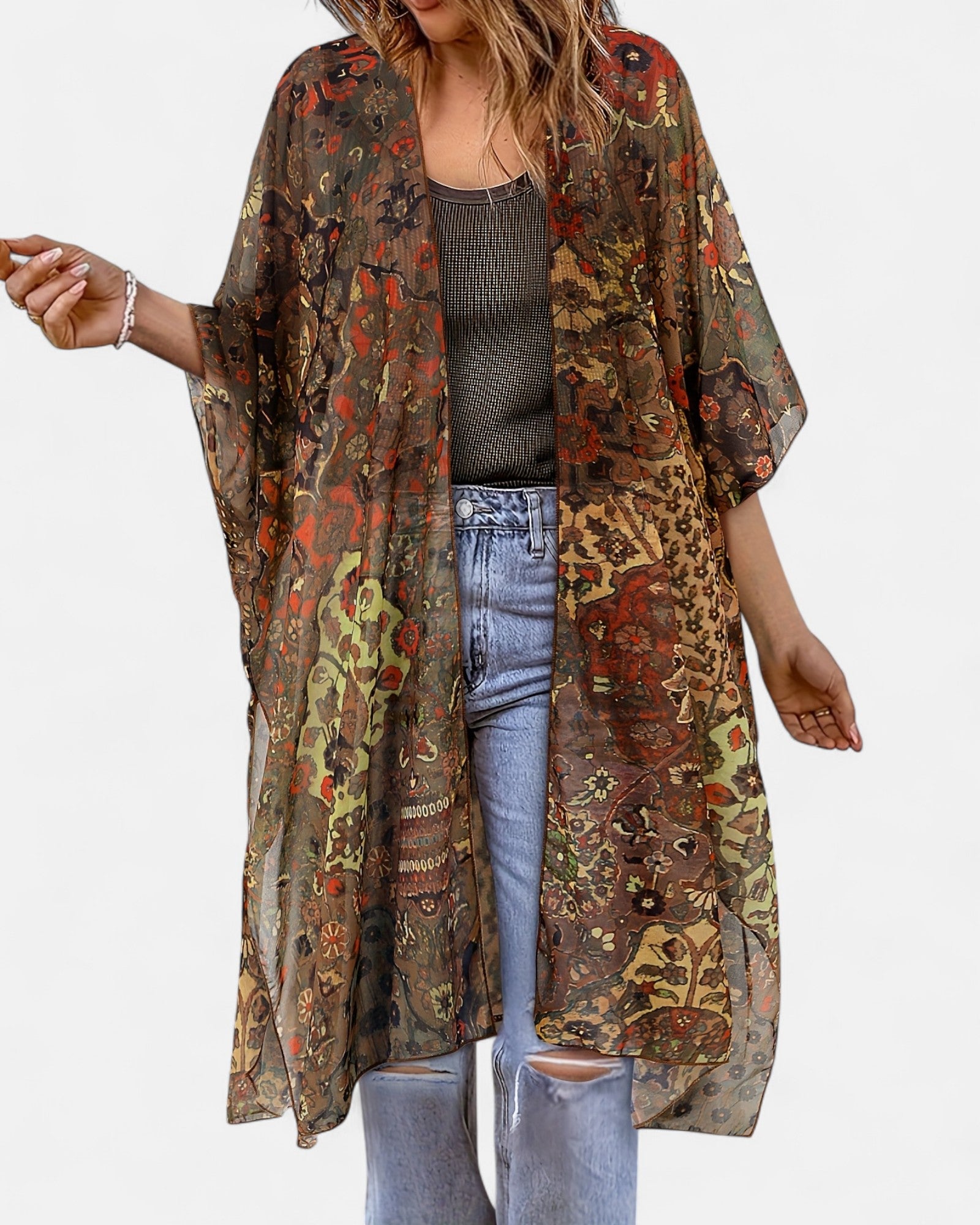 Charlotte – Plus Size Boho Floral Open Kimono Cardigan - Kimono Cardigan - Boho Style