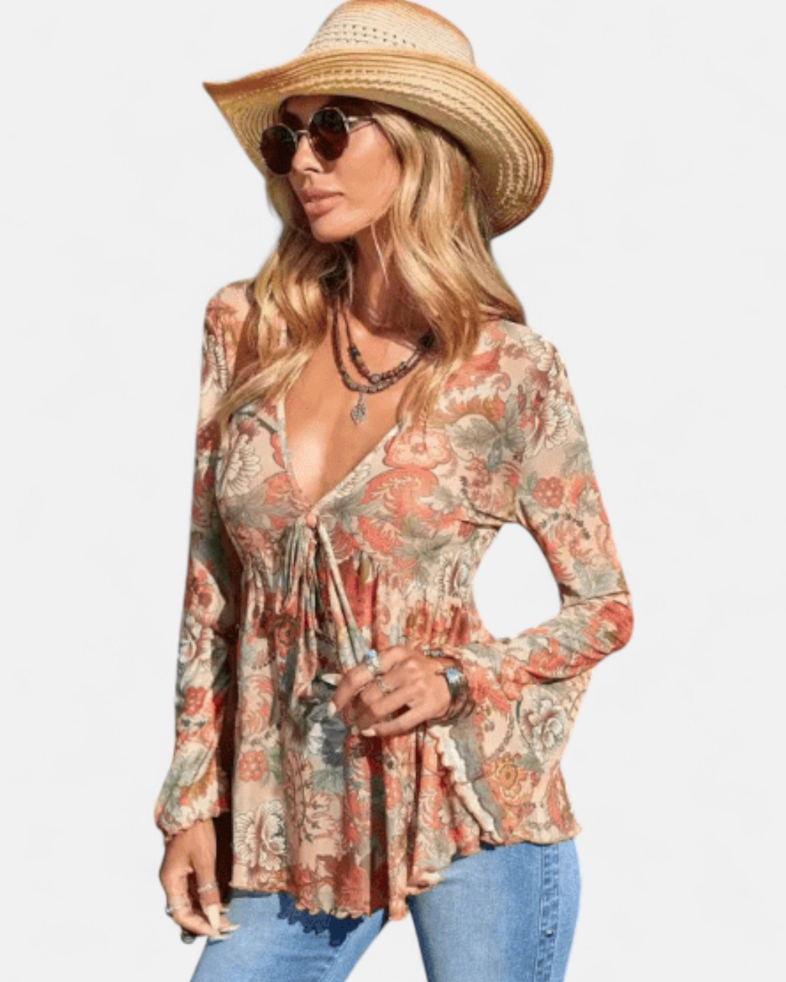 Chloe – Boho Floral Tie Front Blouse with Flare Sleeves - Blouse - Boho Style