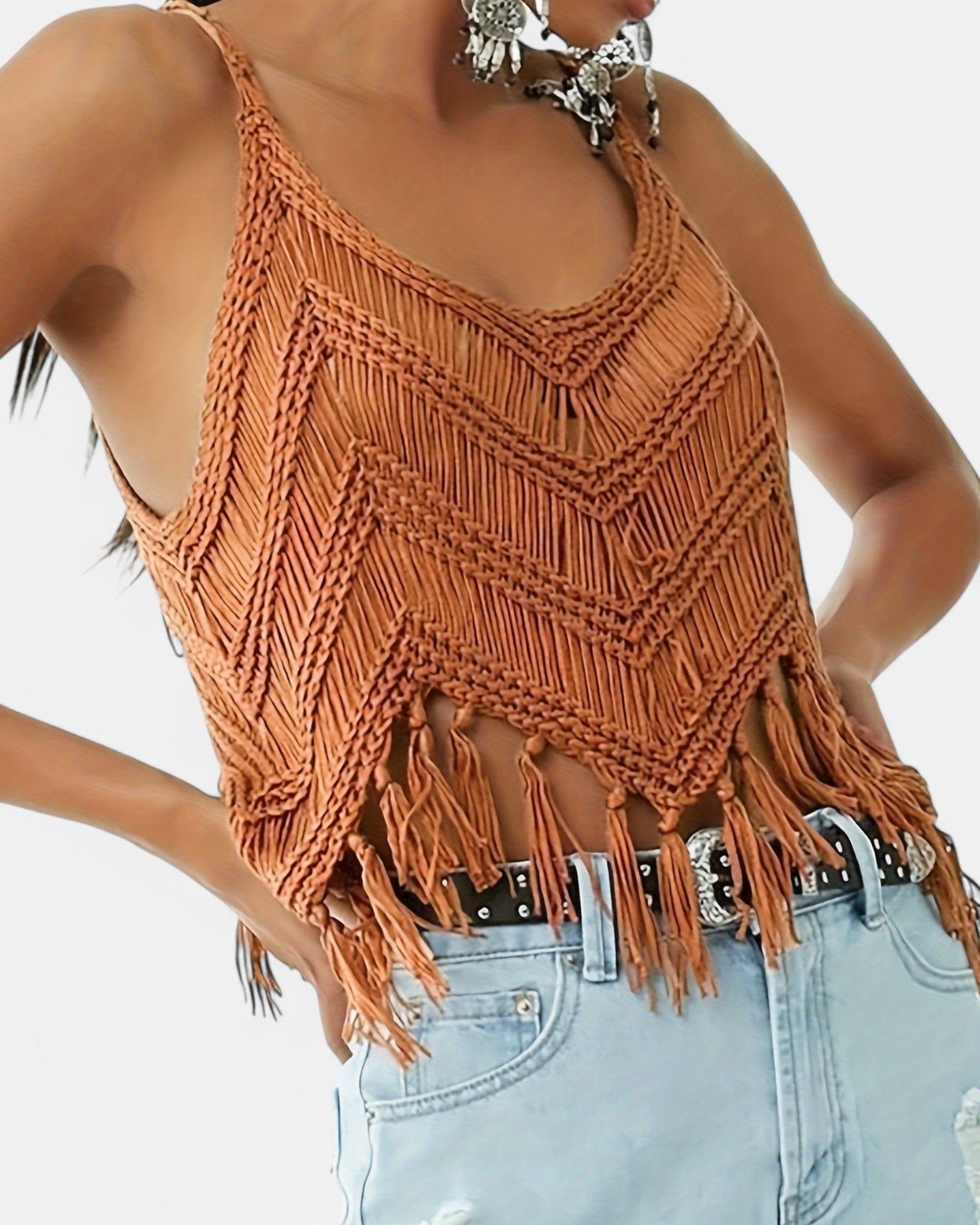 Chloe – Boho Knitted Fringe Camisole in Hollow Design - Camisole - Boho Style