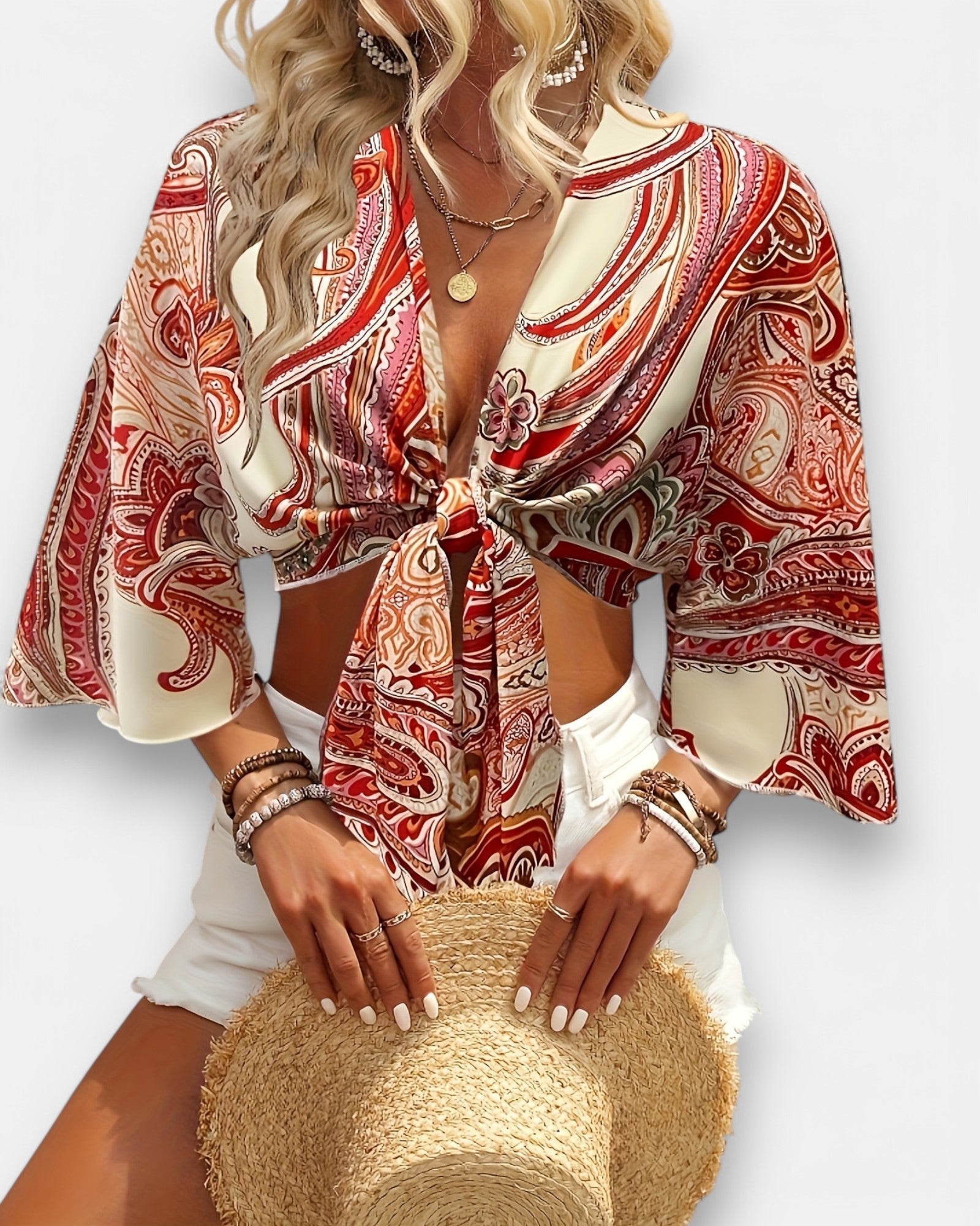 Chloe – Boho Paisley Knot - Front Crop Top with Flowy Bell Sleeves - Crop top - Boho Style