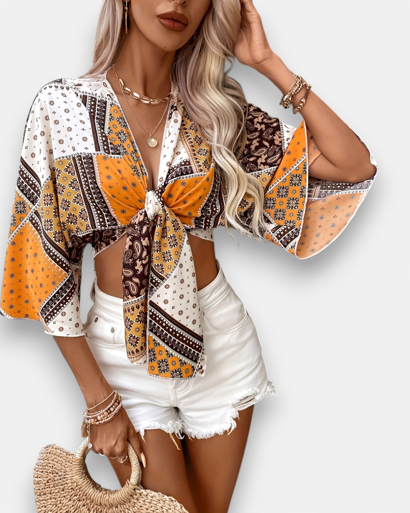 Chloe – Boho Paisley Knot - Front Crop Top with Flowy Bell Sleeves - Crop top - Boho Style