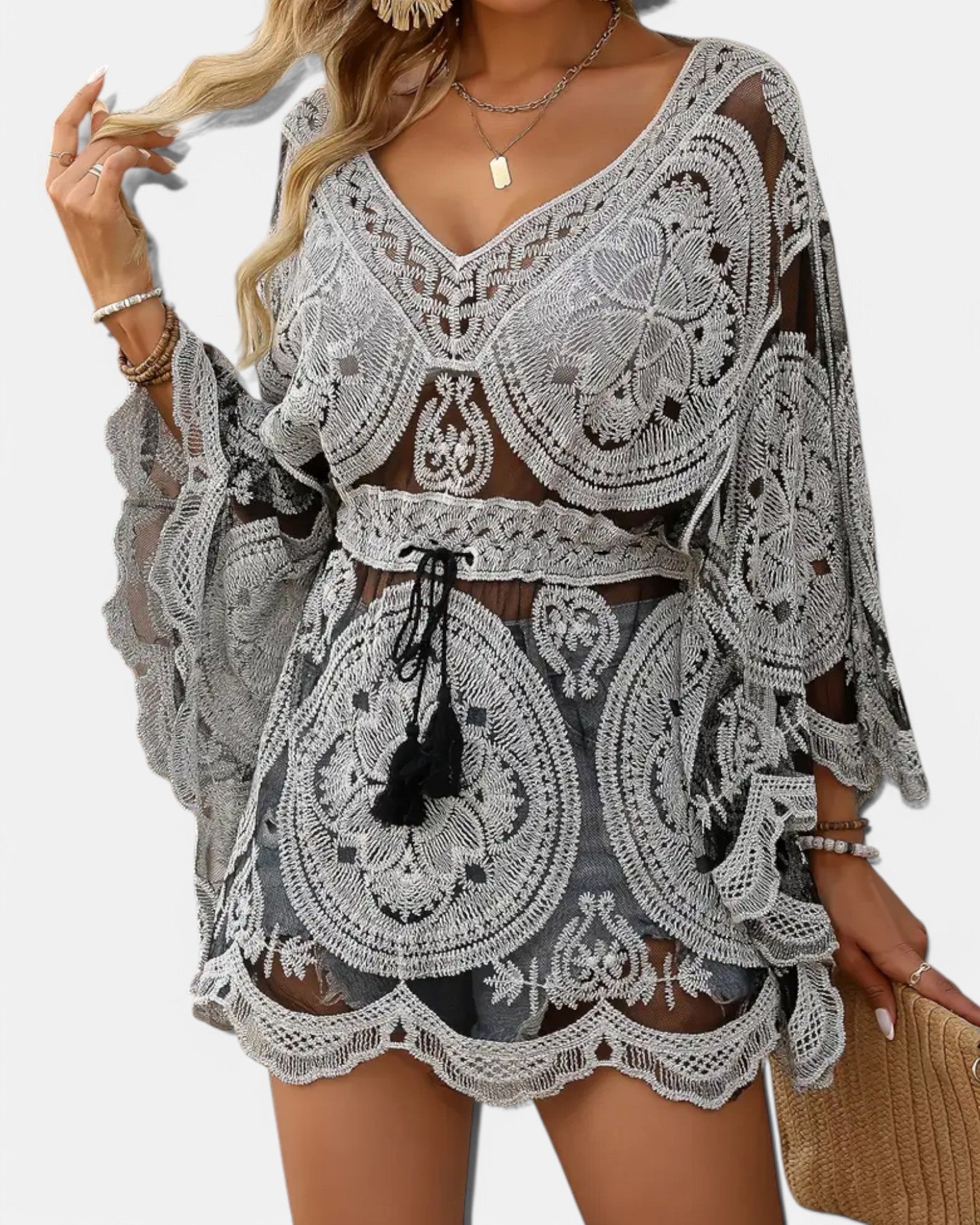 Chloe – Elegant Boho V - Neck Cover Up with Batwing Sleeves - Cover Up - Boho Style