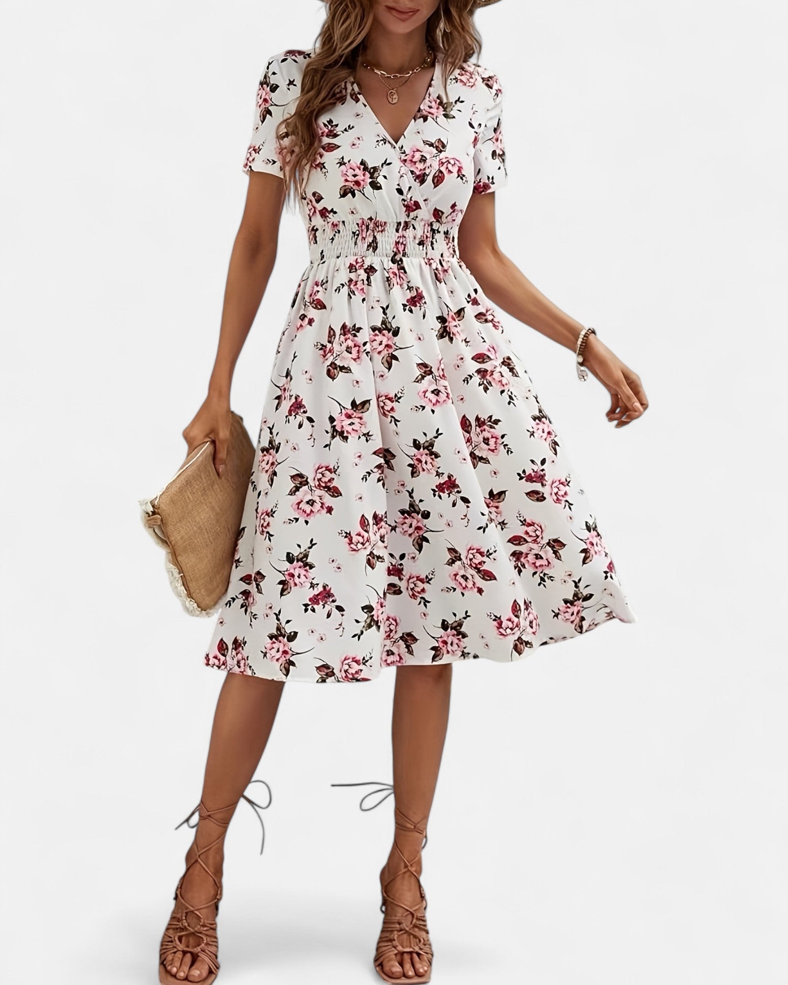 Claire – Boho Floral V Neck Mini Dress with Shirred Waist - Dresses - Boho Style